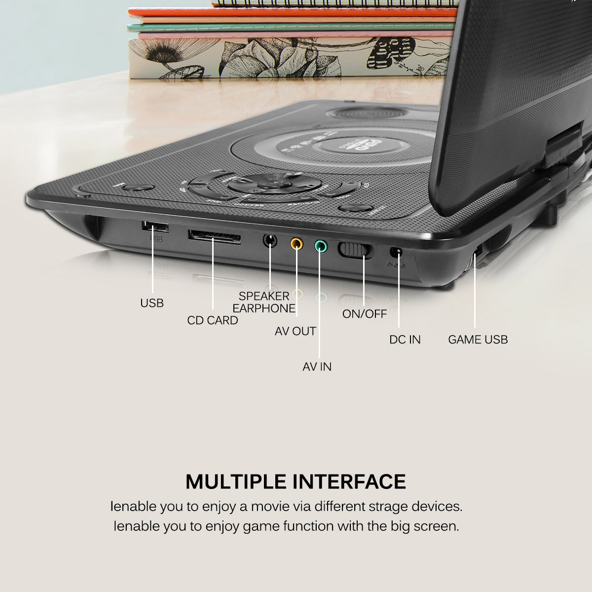 Un reproductor de DVD portátil negro con múltiples interfaces de entrada, incluyendo puertos USB y altavoces.