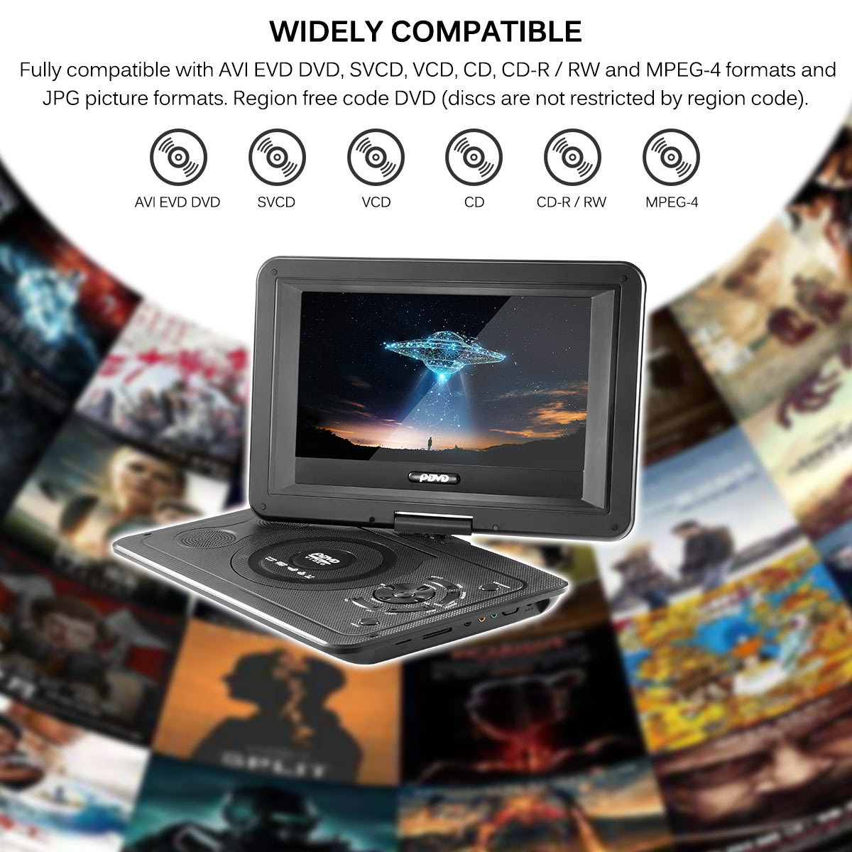 Un reproductor de DVD portátil con una pantalla que muestra una imagen y un fondo de portadas de películas.