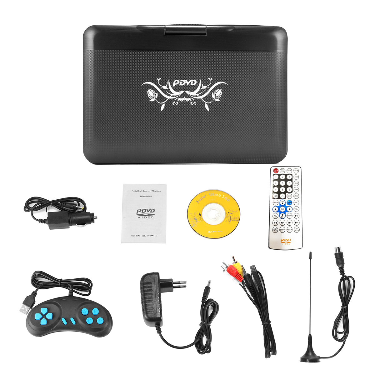 Reproductor de DVD portátil negro con accesorios. Incluye mando, cargador, mando de juegos y cables. Fondo blanco.