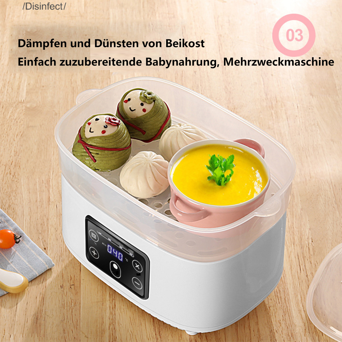 Dampfgarer mit Essen, darunter Knödel und Suppe, mit deutschem Text und der Nummer 03.