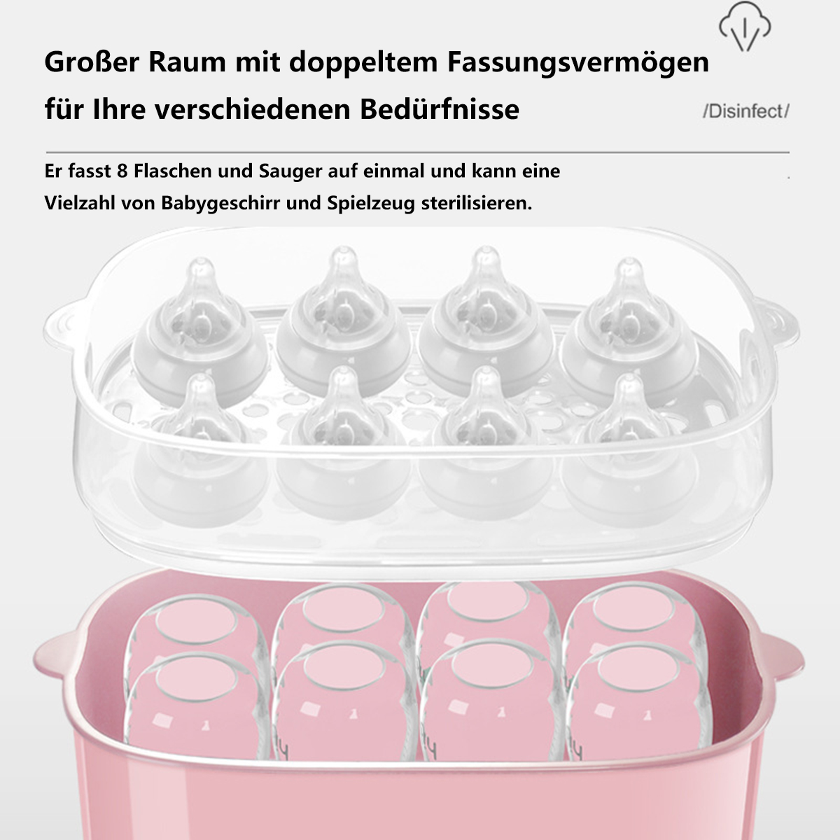 2 Flaschensterilisator Fläschchenwärmer Teetasse SYNTEK 1 rosa in mit Schrank Trockner Babymilchwärmer Nippel Dampfsterilisator
