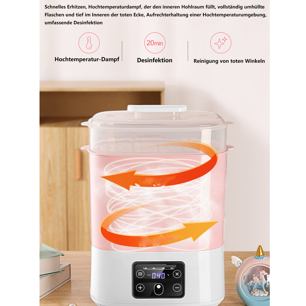 Rosa-weißer Babyflaschensterilisator. Merkmale: Hochtemperaturdampf und Desinfektion.