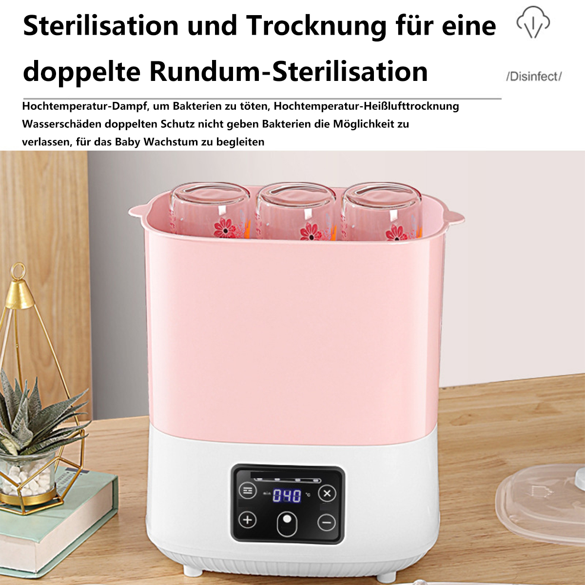 Ein weißer und rosa Sterilisator mit drei klaren Flaschen im Inneren, auf einer Holzoberfläche. Text auf Deutsch vorhanden.