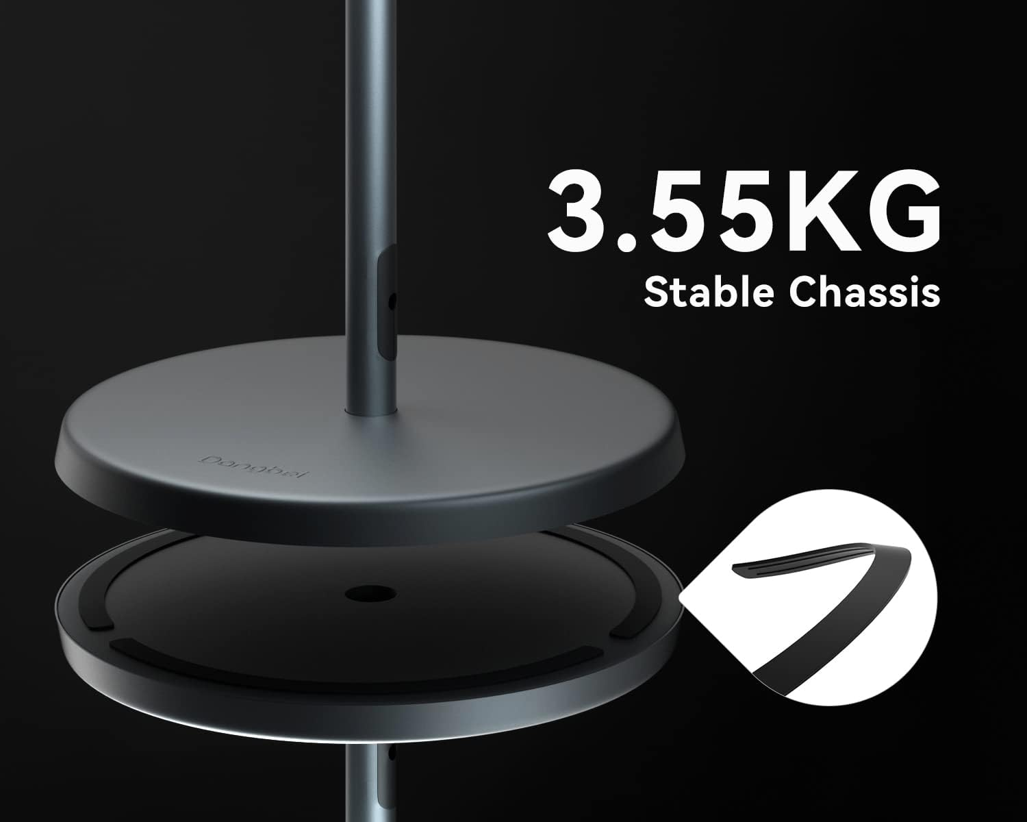 Una base gris para un soporte, con un anillo de goma negro. Un corte muestra el detalle del anillo.