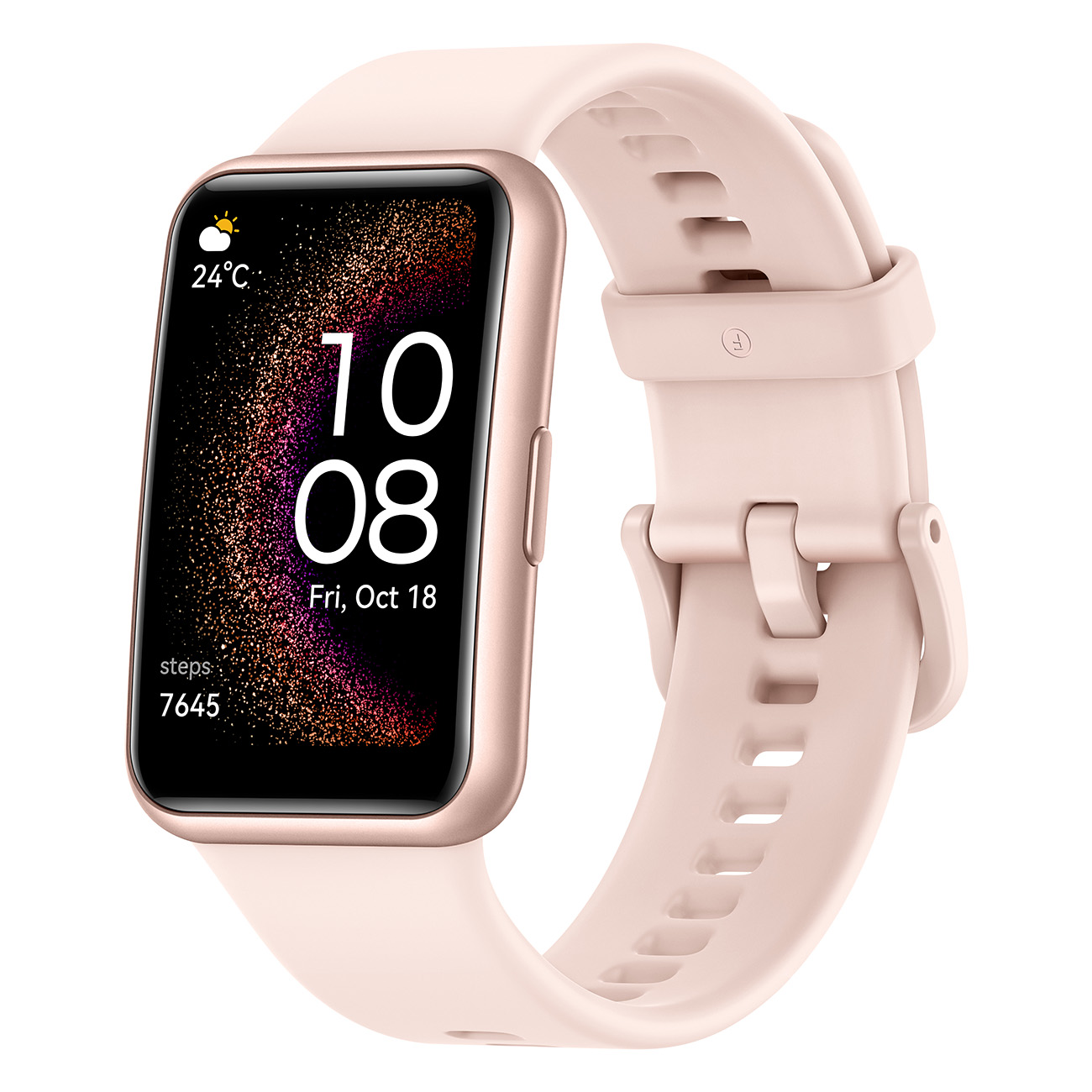 Roze smartwatch met een roze band, met tijd en datum tegen een bloemige achtergrond.