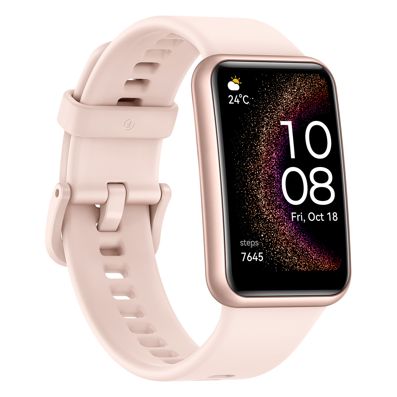 Een roze smartwatch met een display waarop de tijd en trainingsgegevens worden weergegeven.