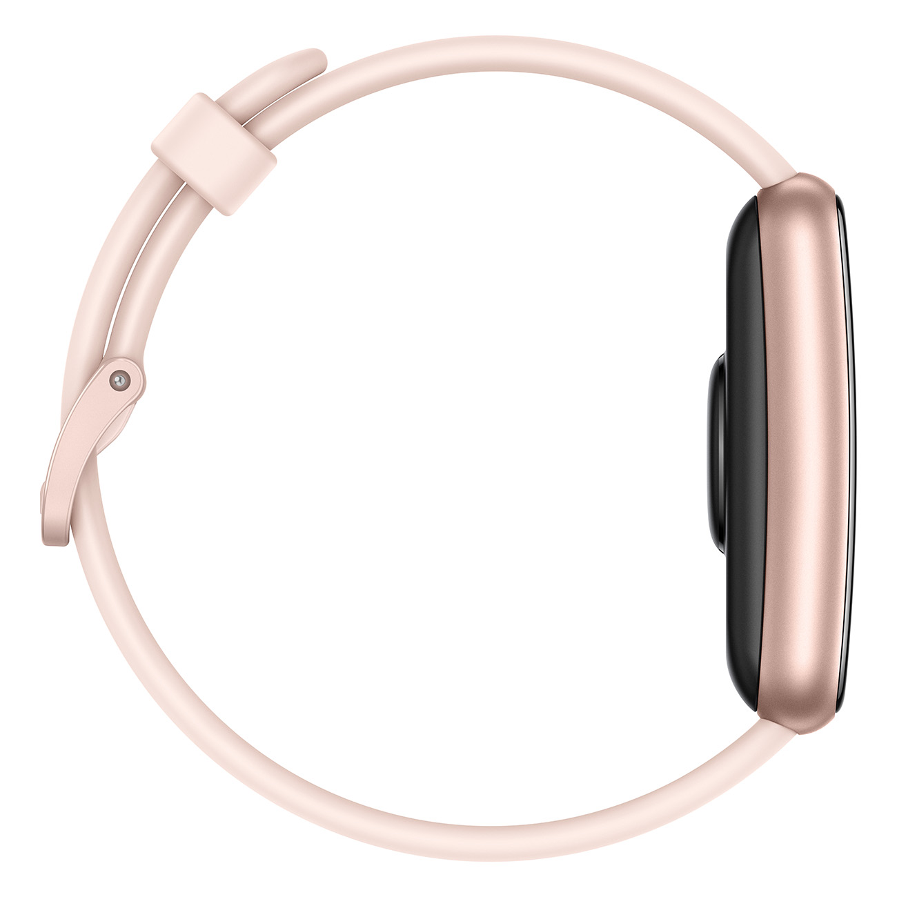 Roze smartwatch met een roségouden kast en roze band, zijaanzicht. Strak design, eenvoudige esthetiek.