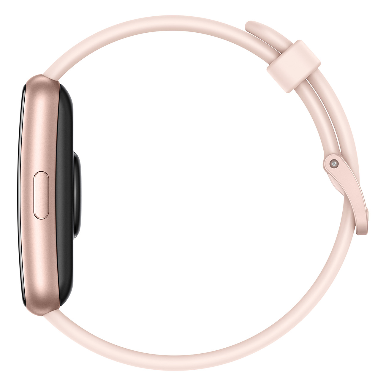 Rosegouden smartwatch vanaf de zijkant gezien. Een roze band en een zwart scherm zijn zichtbaar.