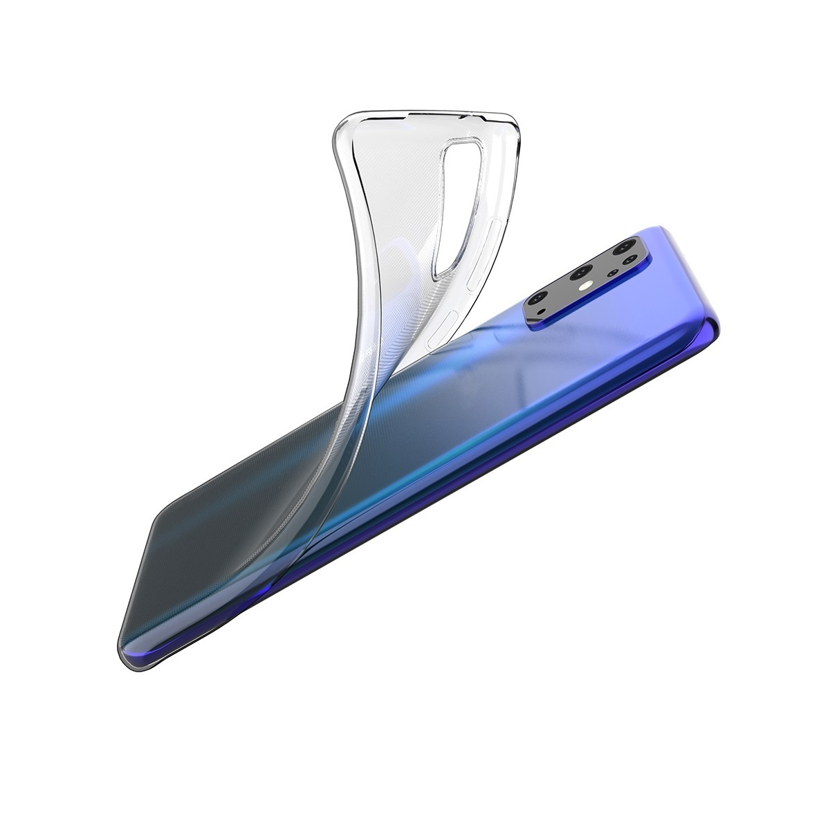 Eine transparente Handyhülle wird von einem blauen Telefon abgezogen. Der Hintergrund ist weiß.