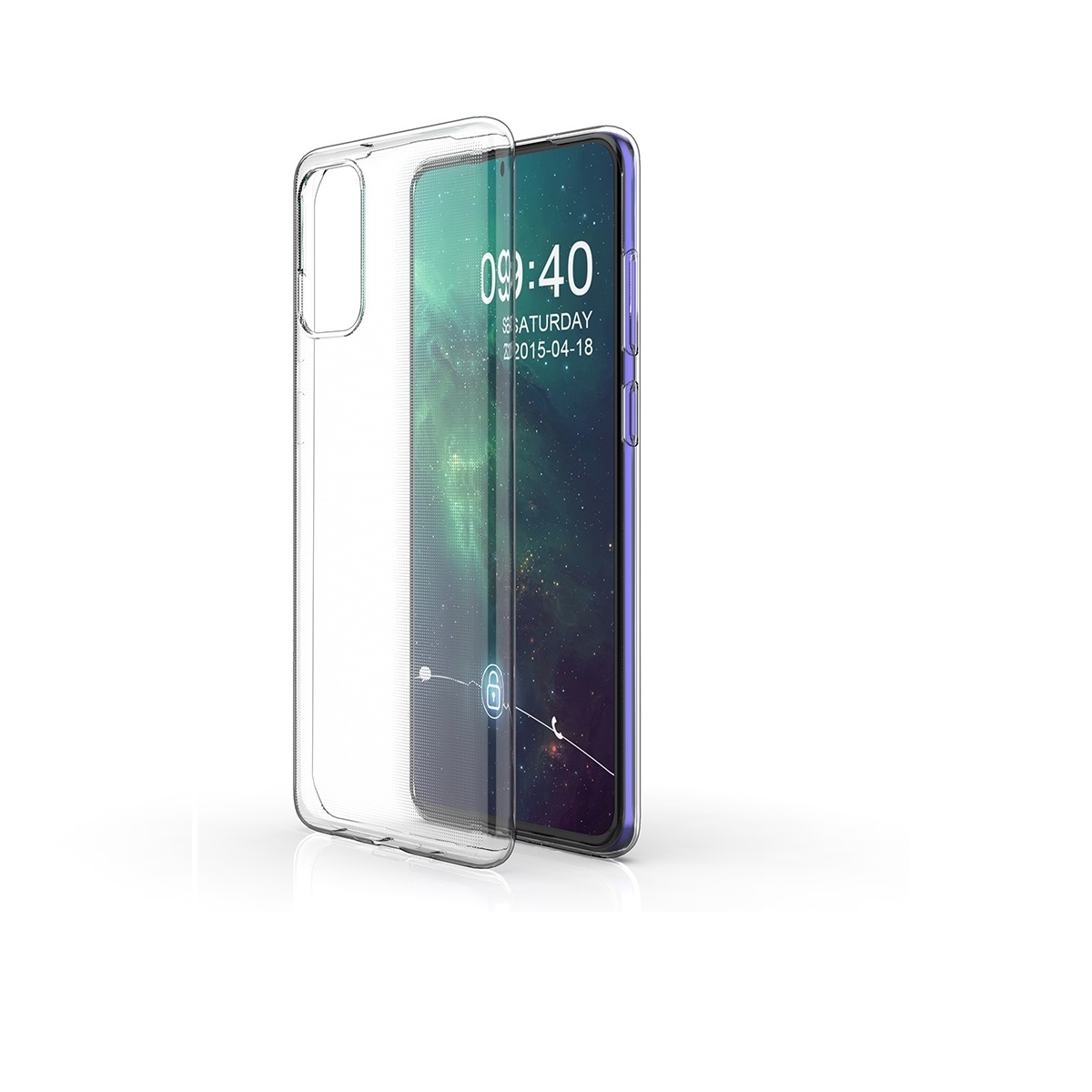 Ein Telefon mit eingeschaltetem Bildschirm, mit einer durchsichtigen Hülle, auf weißem Hintergrund.