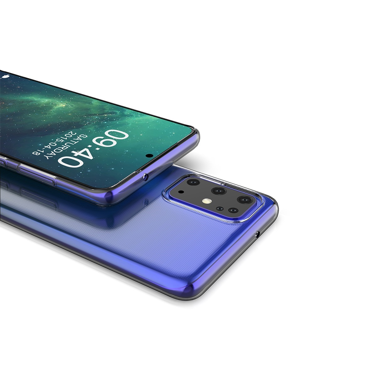 Smartphone liegt auf anderem, beide in blauen transparenten Hüllen.