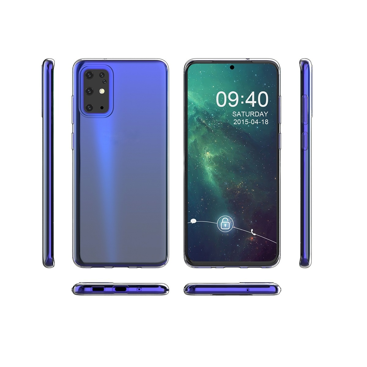 Blaue Smartphone-Hülle mit Kameraausschnitt, Ansichten von vorne, hinten und seitlich.