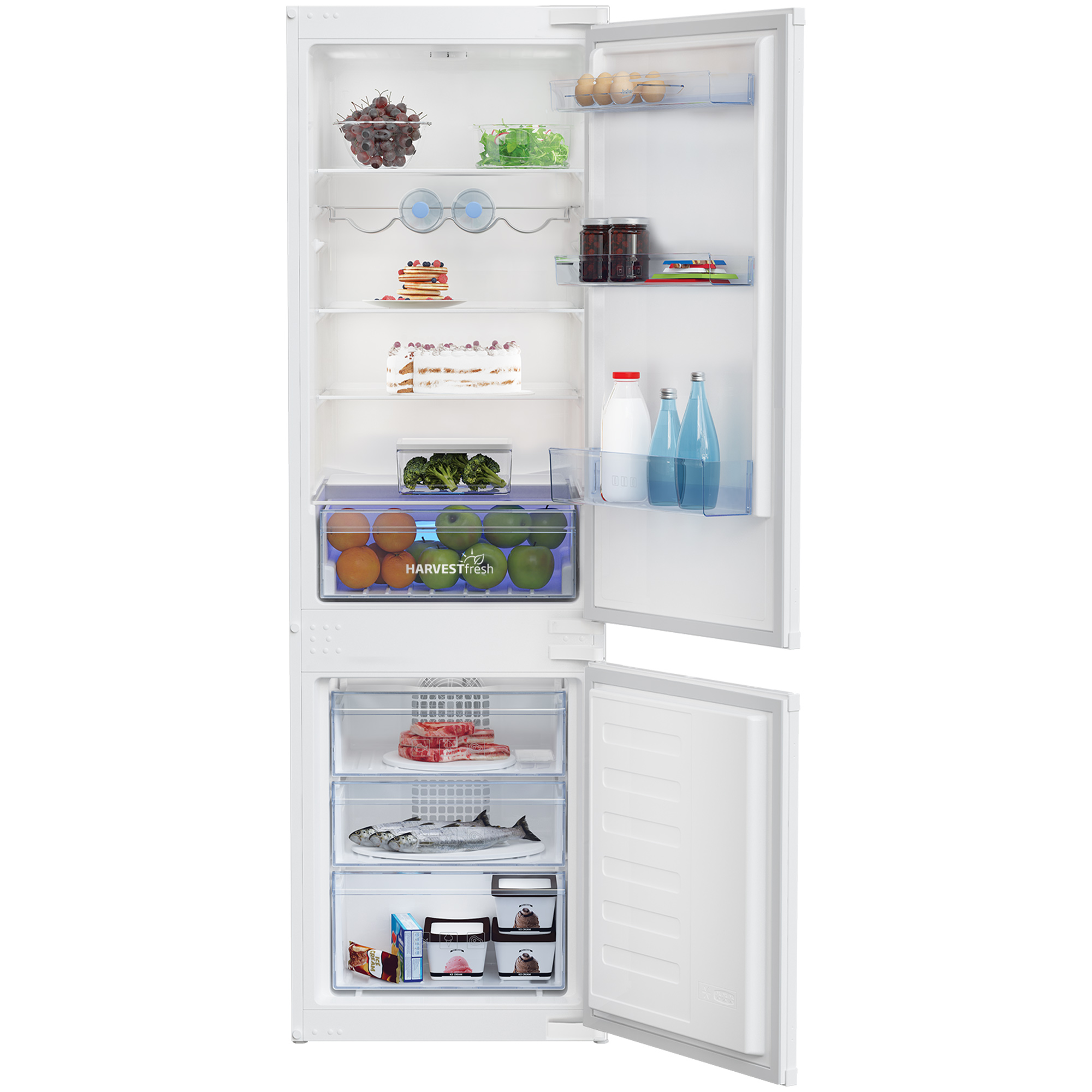 Open refrigerator filled with food: grapes, eggs, broccoli, apples, milk, water. Freezer section with meat and fish.
