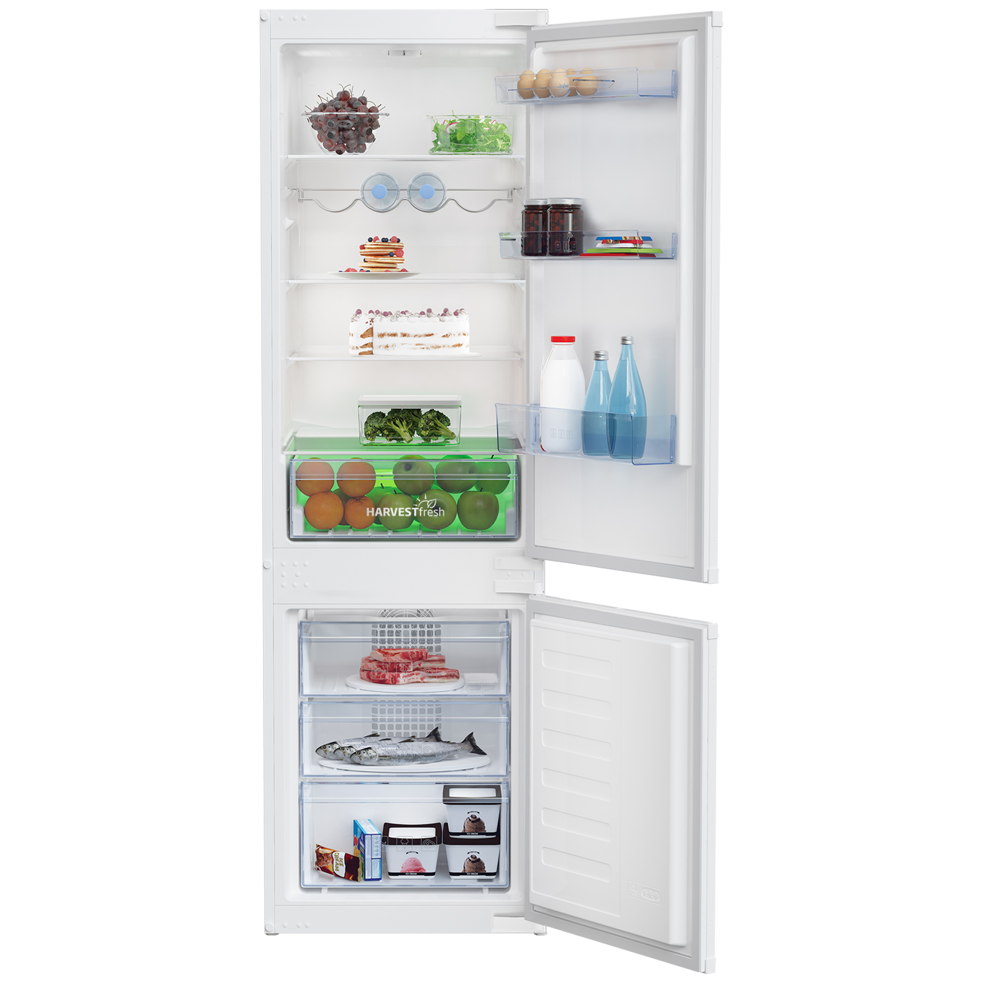 A white refrigerator with an open door, showing shelves with food items.