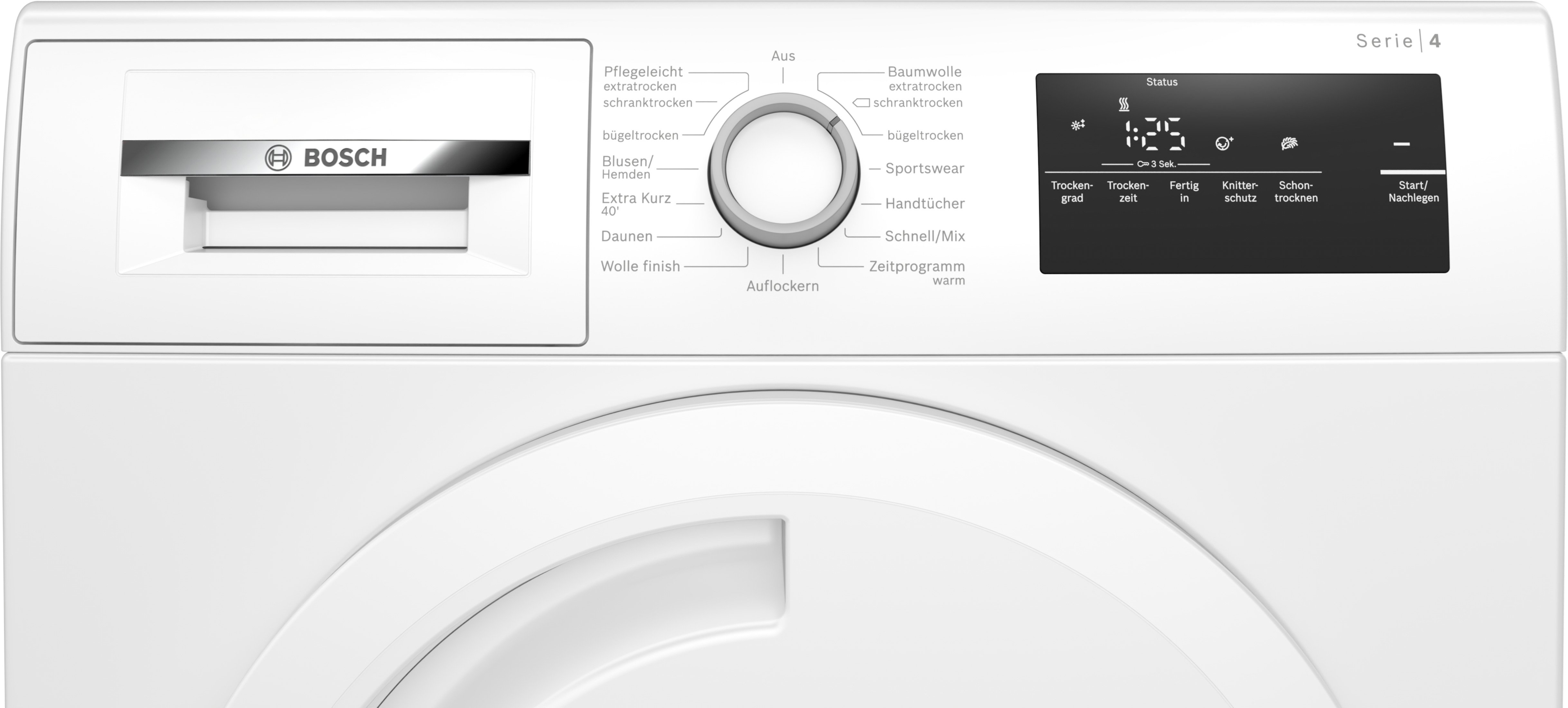 Panneau de commande de machine à laver blanc avec boutons et affichage. Logo Bosch en haut à gauche.