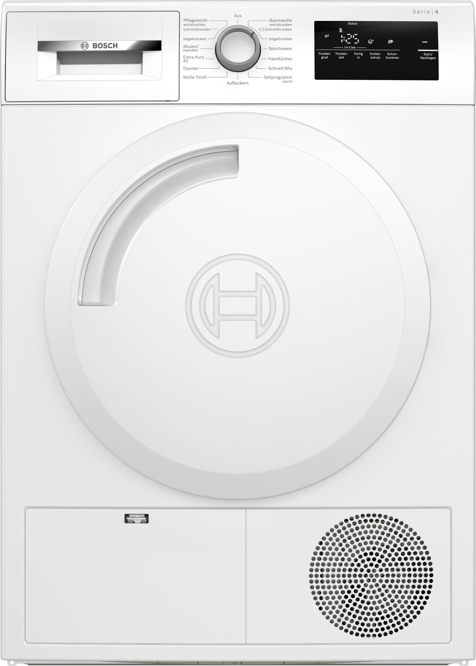 Lave-linge blanc, vue de face, avec porte ronde et panneau de commande.