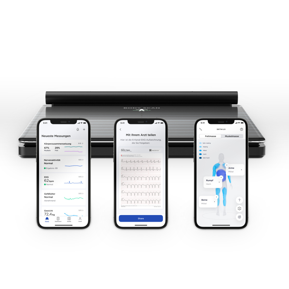 Trzy telefony i waga. Telefony pokazują dane zdrowotne. Waga jest czarna.
