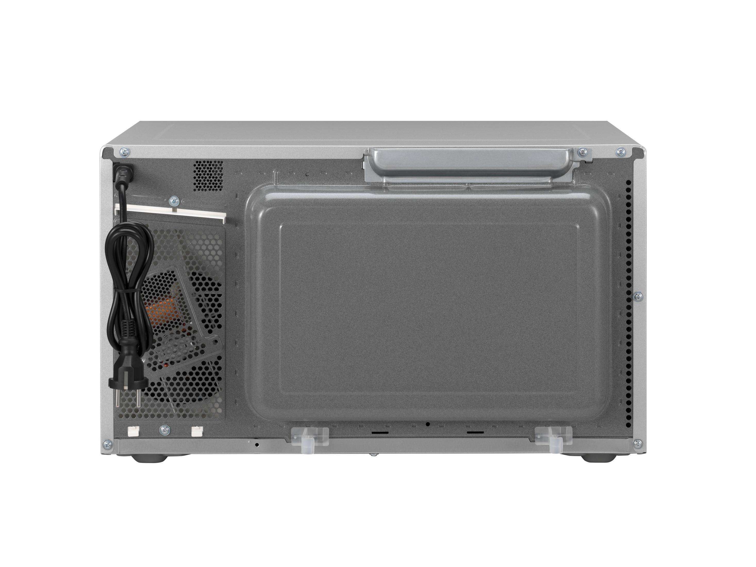 Tył srebrnej kuchenki mikrofalowej, pokazujący otwory wentylacyjne, przewód zasilający i wnętrze.