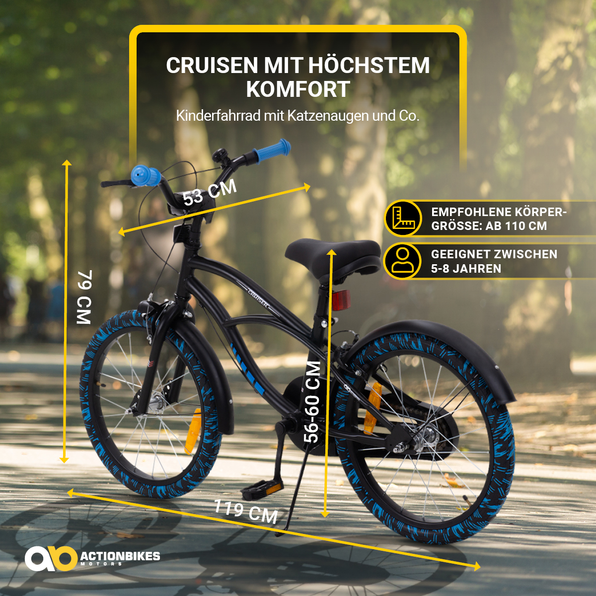 Schwarz-blaues Fahrrad. Abmessungen und Textaufkleber auf gelbem Hintergrund. Blaue Reifen.