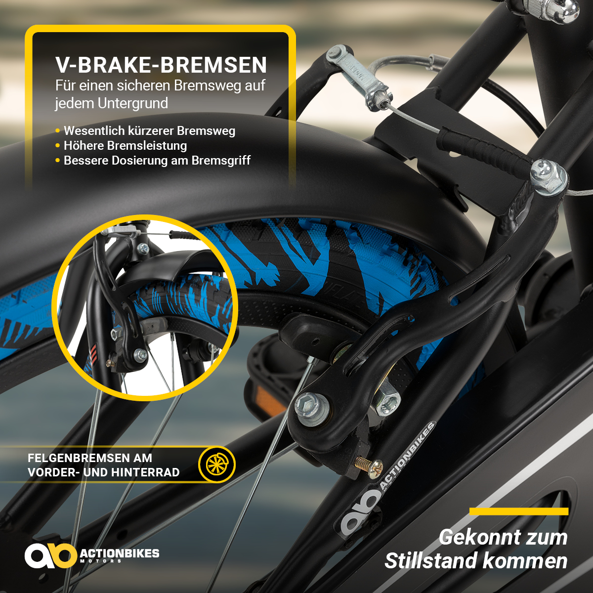 Nahaufnahme eines Fahrradbremssystems mit V-Bremsen an einem schwarzen Fahrrad.