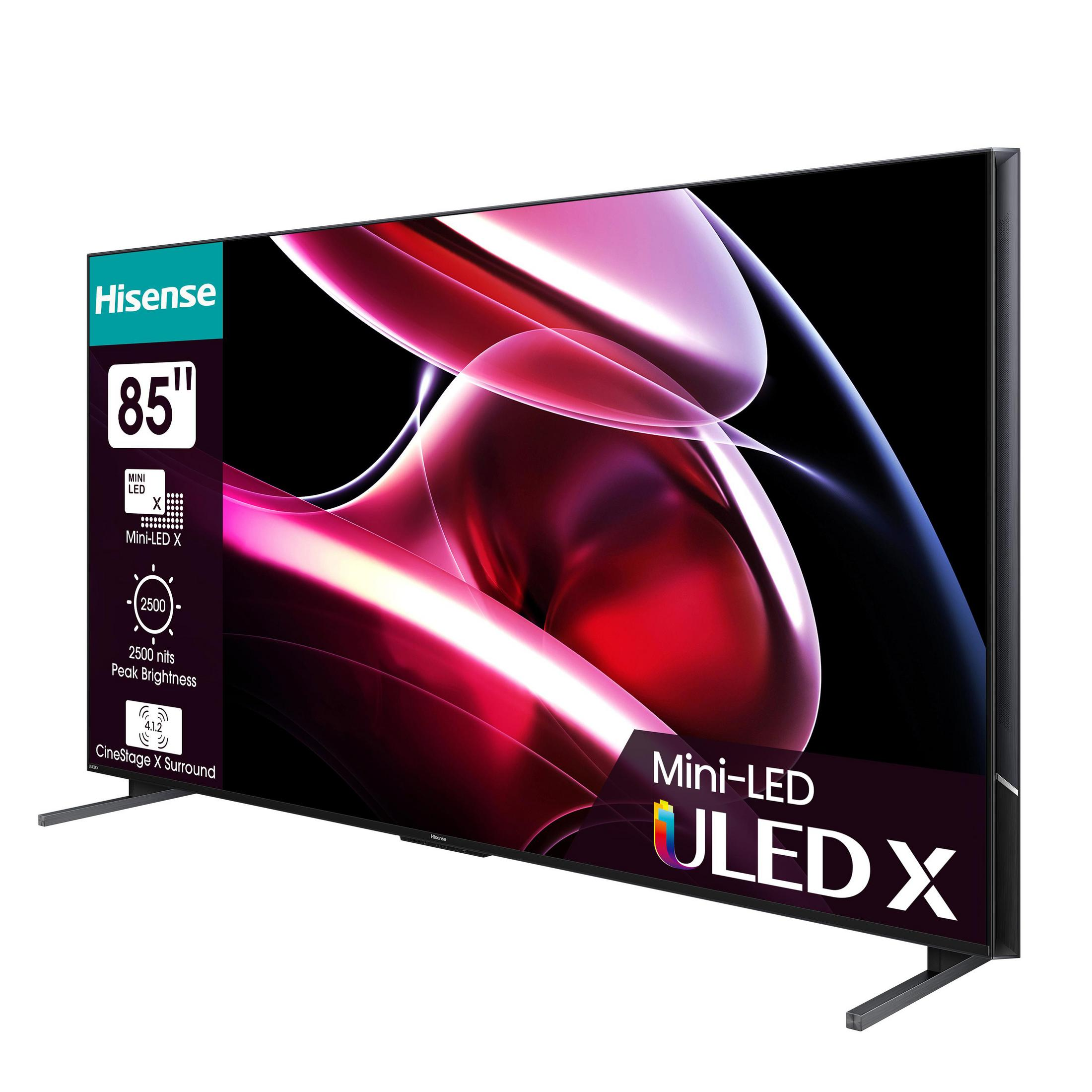85-Zoll Hisense TV mit Mini-LED ULED X. Merkmale sind 2500 Nits Spitzenhelligkeit und CineStage X Surround.