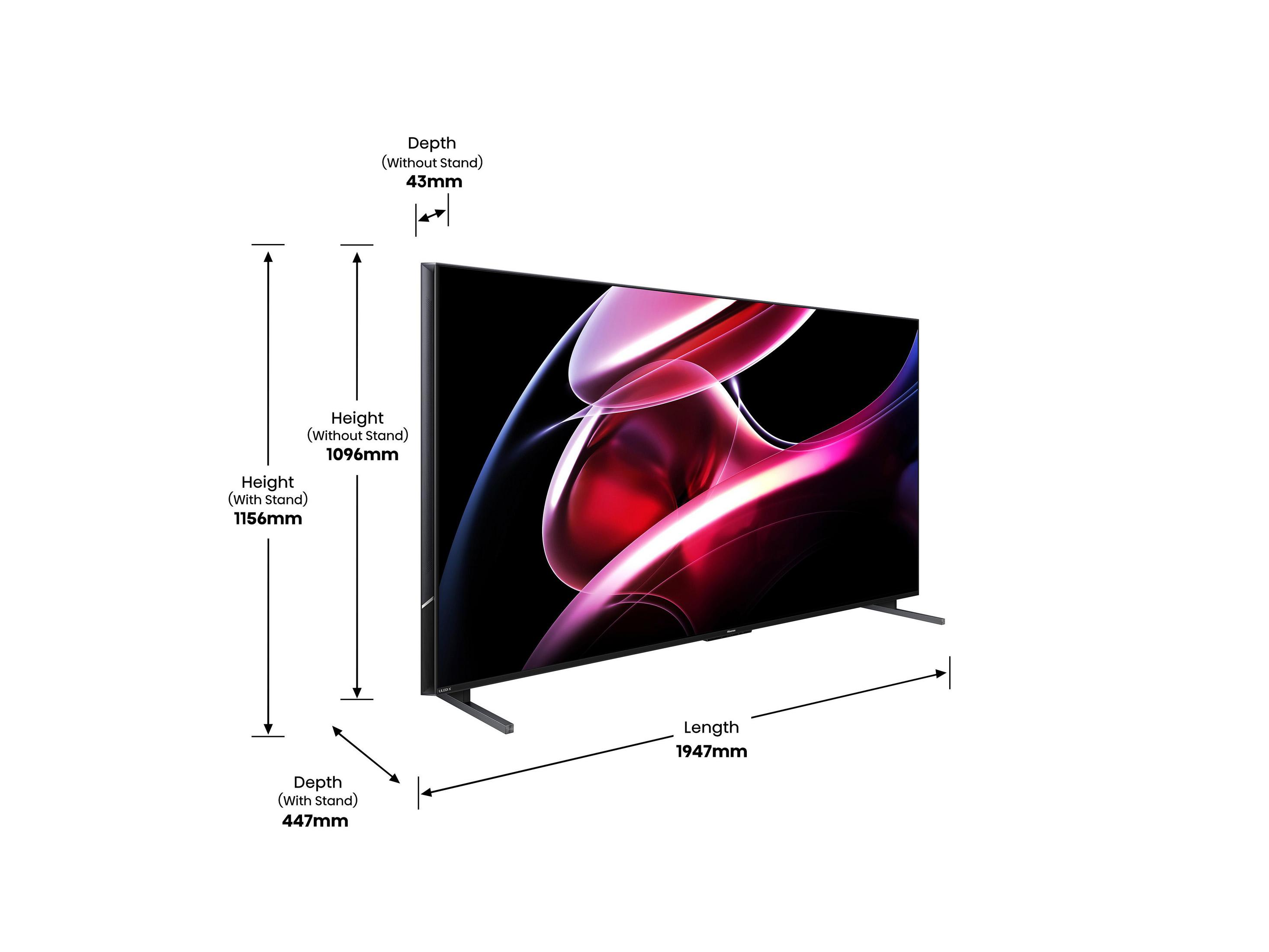 Ein großer, schwarzer Fernseher mit Maßen wird auf weißem Hintergrund angezeigt.