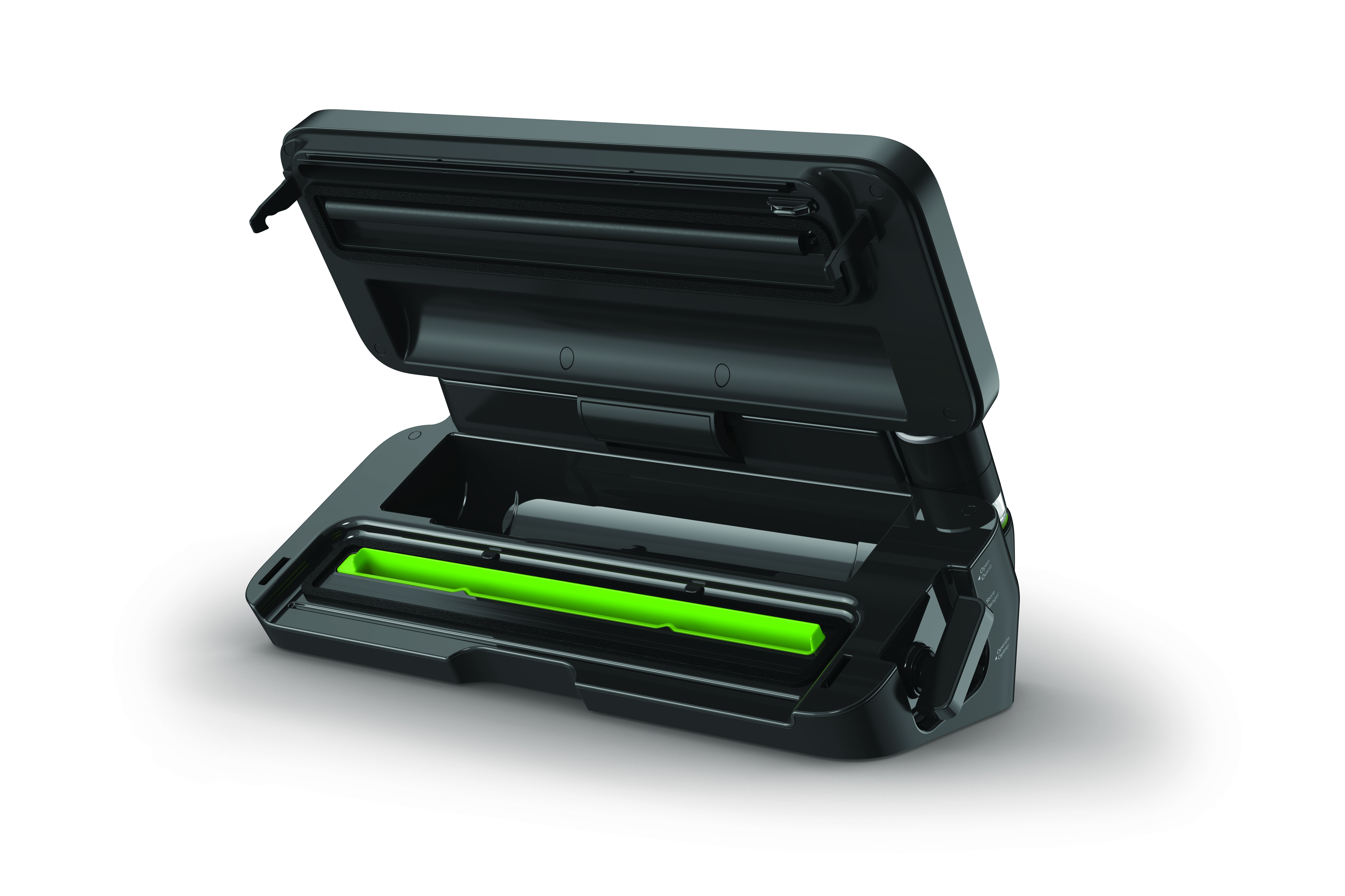 Czarna zgrzewarka próżniowa otwarta, zielony element uszczelniający. Izolowana na białym tle.