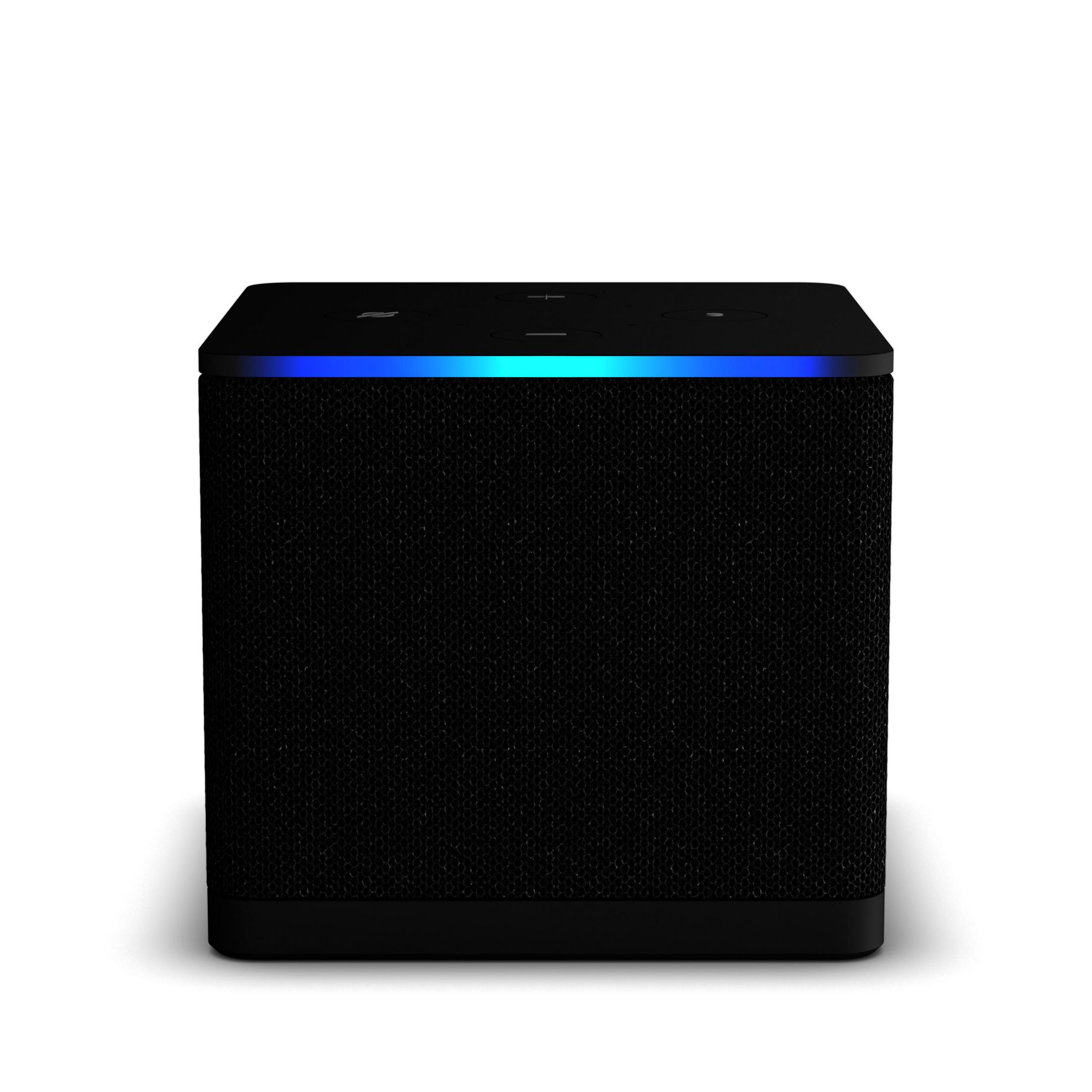 Altoparlante intelligente nero a forma di cubo, con una texture simile al tessuto. Una striscia di luce blu in alto.