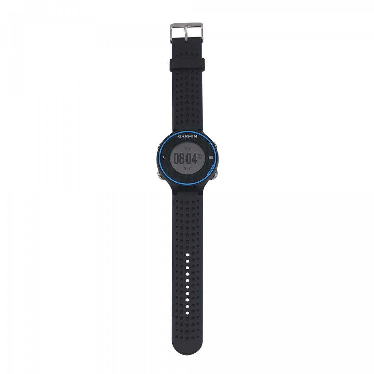 Czarny smartwatch Garmin z ekranem wyświetlającym godzinę i szczegóły aktywności.