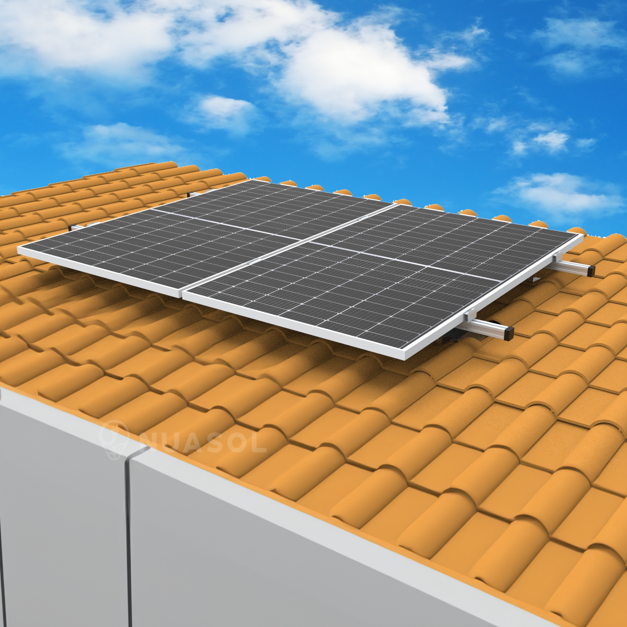 Solarpaneele auf einem Terrakotta-Ziegeldach, mit blauem Himmel und Wolken im Hintergrund.