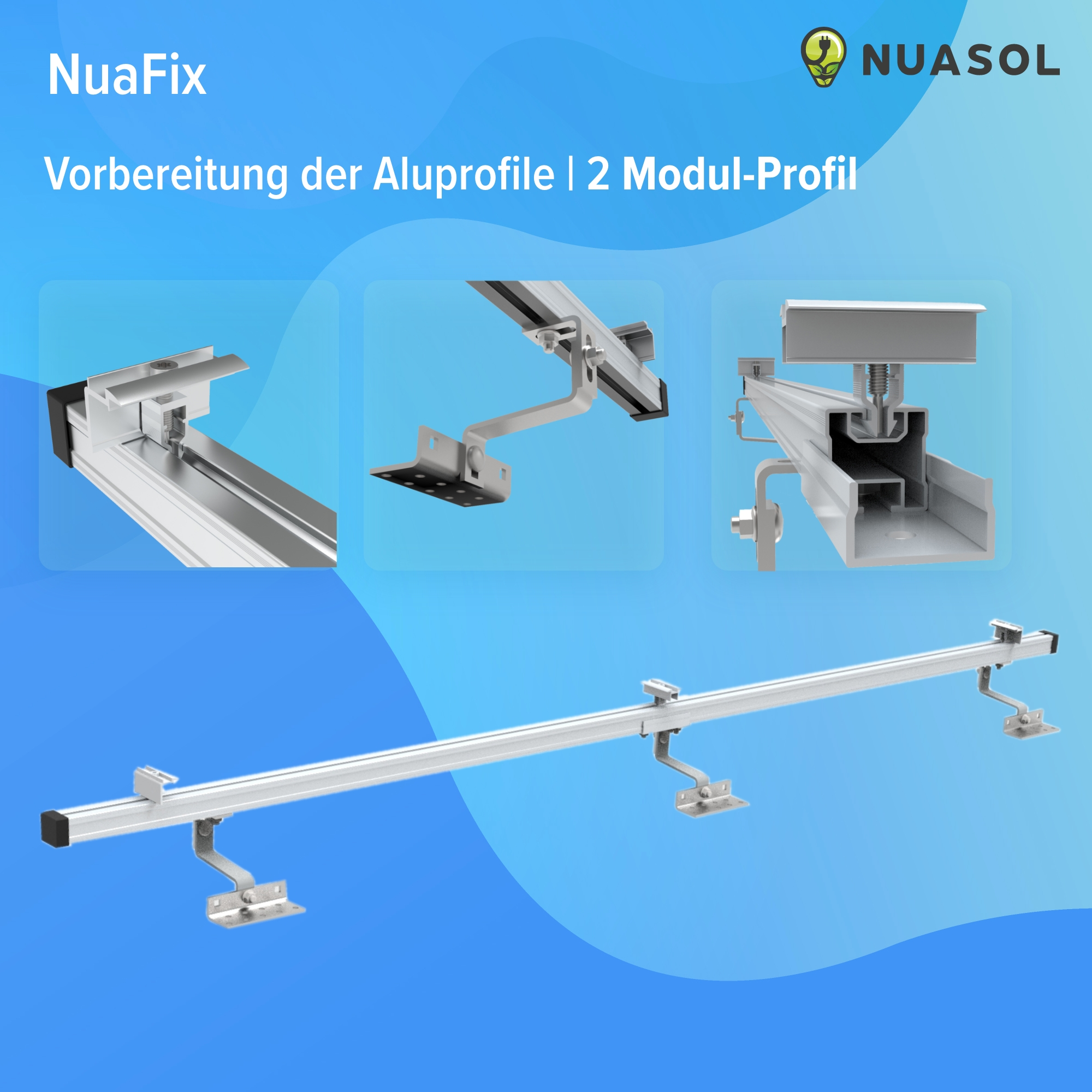 Ein Bild von Metallkonstruktionsteilen mit deutschem Text: 'Vorbereitung der Aluprofile | 2 Modul-Profil'.