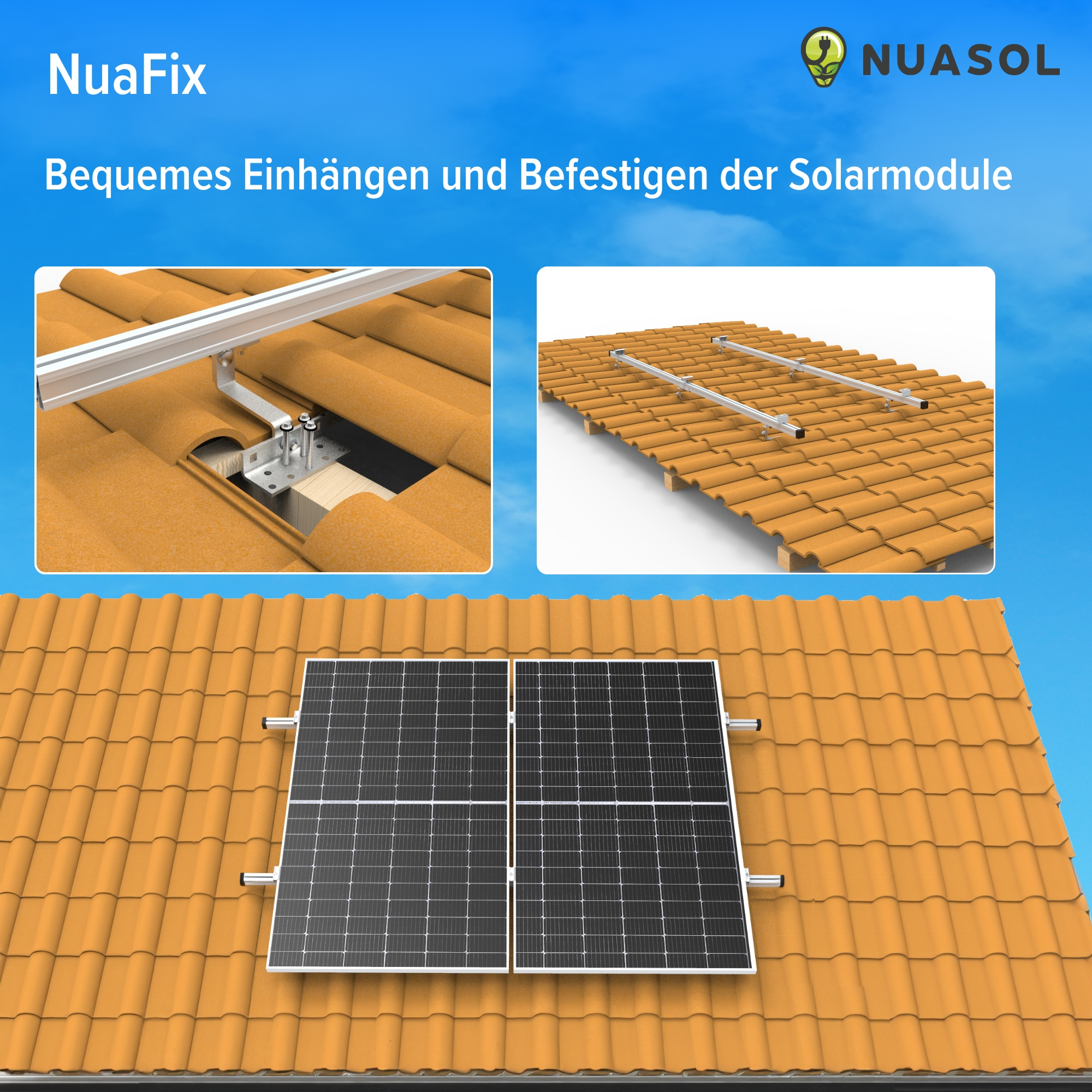 Solarpanel-Installation auf einem Ziegeldach. Bilder zeigen Befestigungshardware und -paneele.