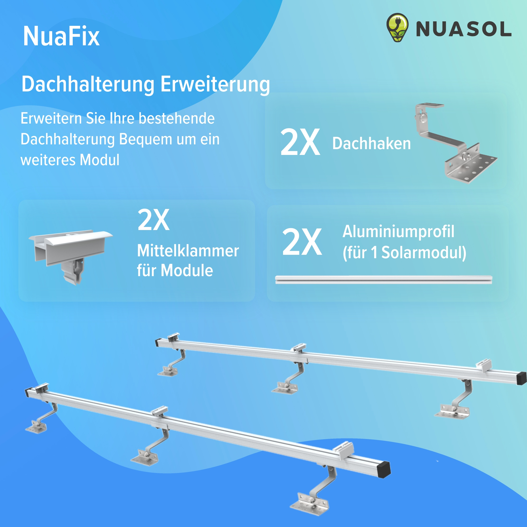 Dachhalterungserweiterungs-Kit mit Dachhaken, Halterungen und Aluminiumprofilen für Solarmodule.