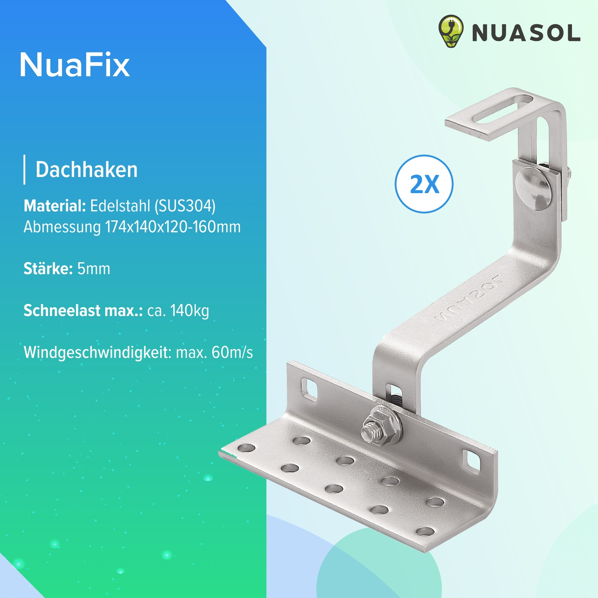 Metalldachhaken mit Befestigungselement, mit '2X' gekennzeichnet. Text enthält Material, Abmessungen und Windwiderstand.