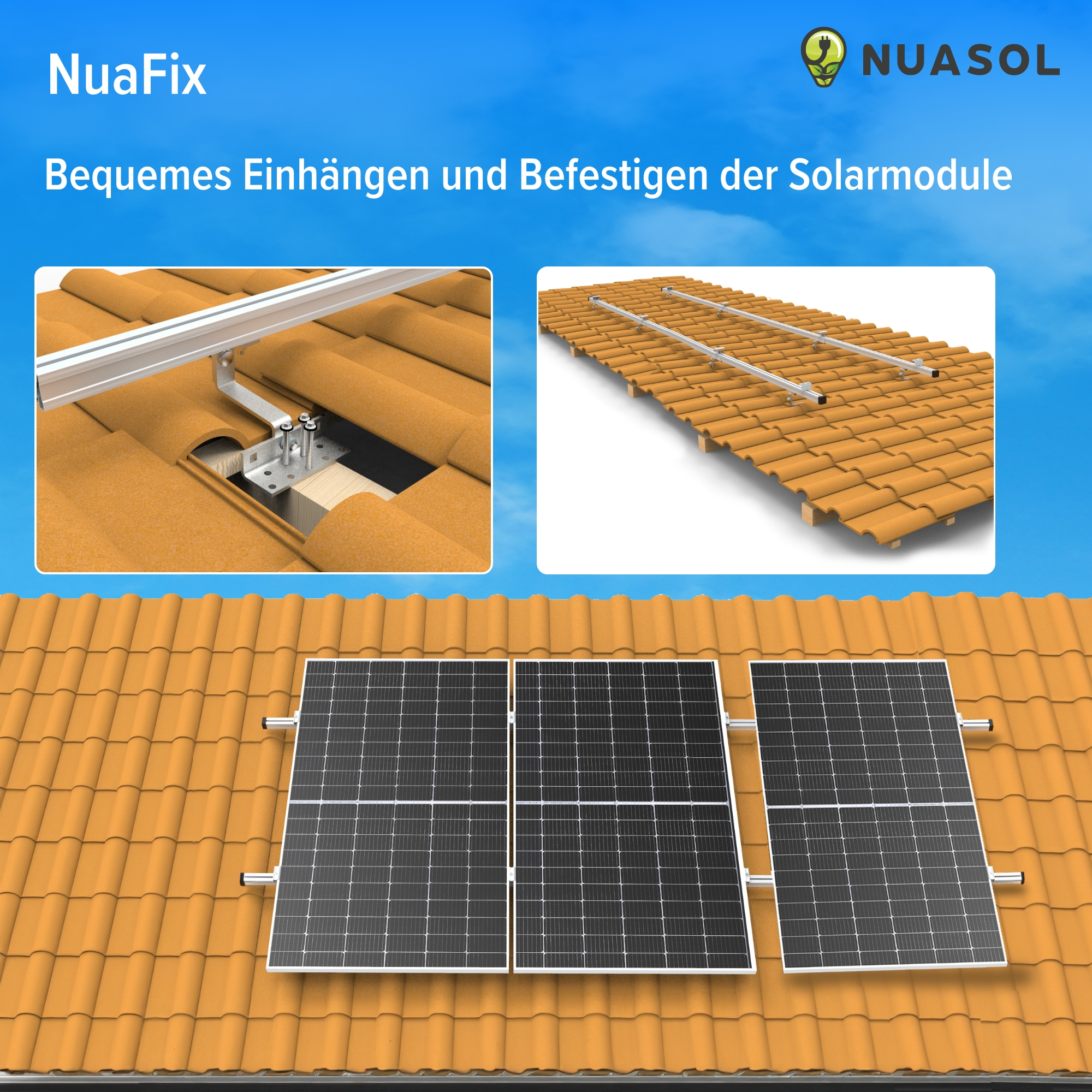 Solarpaneele auf einem Ziegeldach installiert. Das Bild zeigt den Installationsprozess und das Ergebnis.
