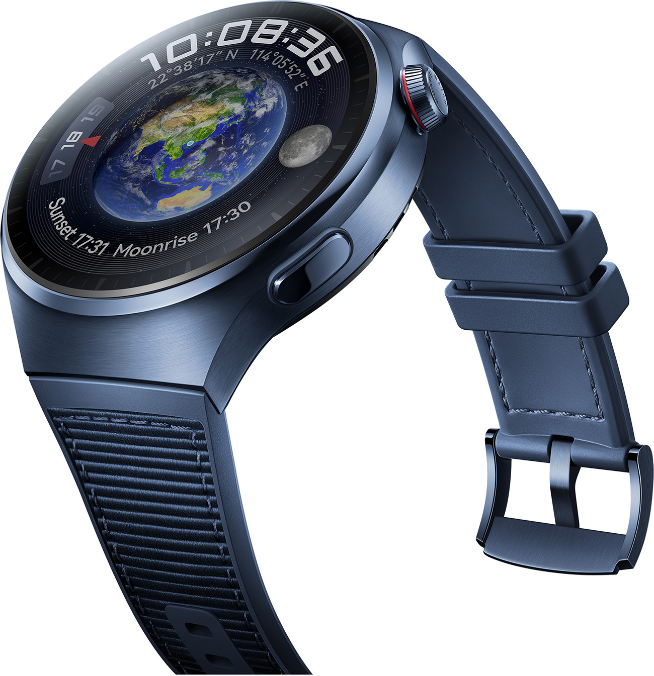 Eine blaue Smartwatch mit kreisförmigem Display, das die Erde und die Zeit anzeigt, und blauem Lederarmband.