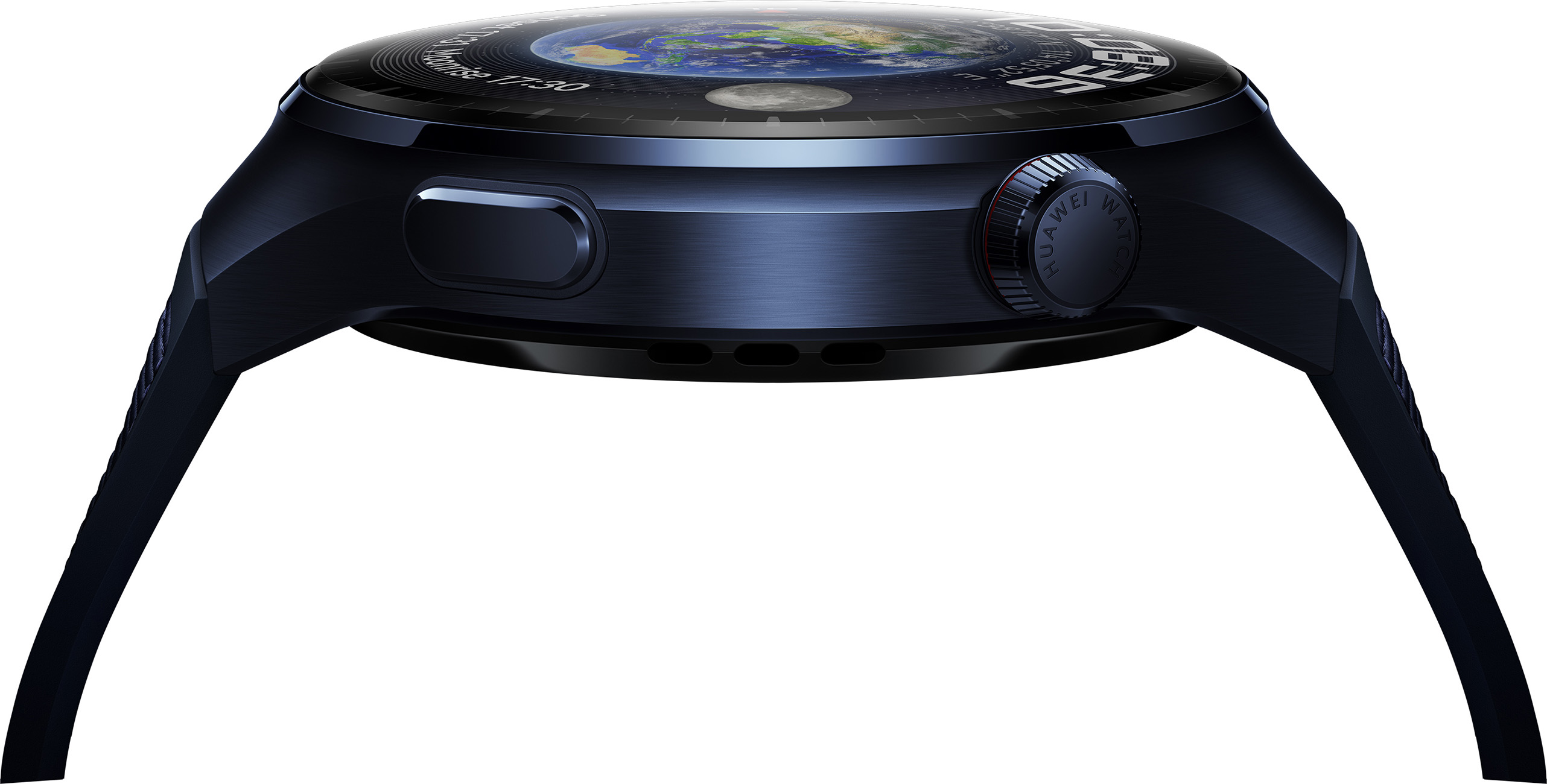 Nahaufnahme einer schwarzen, runden Smartwatch mit blauem Band und Seitentaste. Die Uhr zeigt eine Weltkarte.