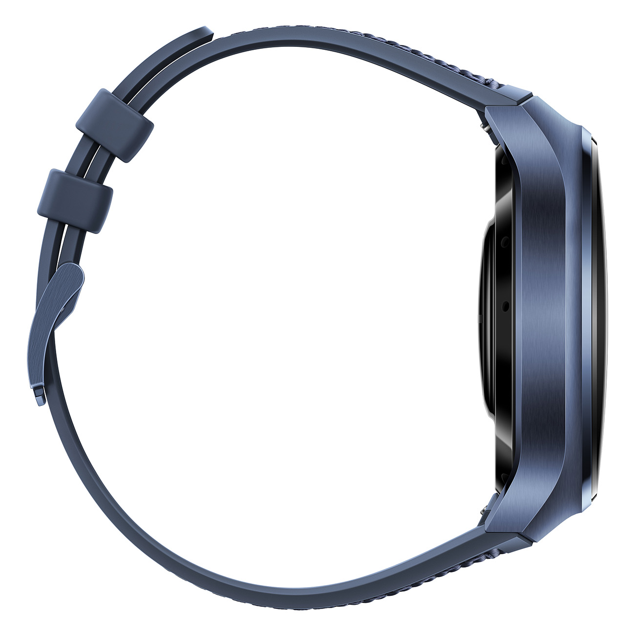 Seitenansicht einer dunkelblauen Smartwatch mit blauem Armband. Das Zifferblatt ist schwarz.