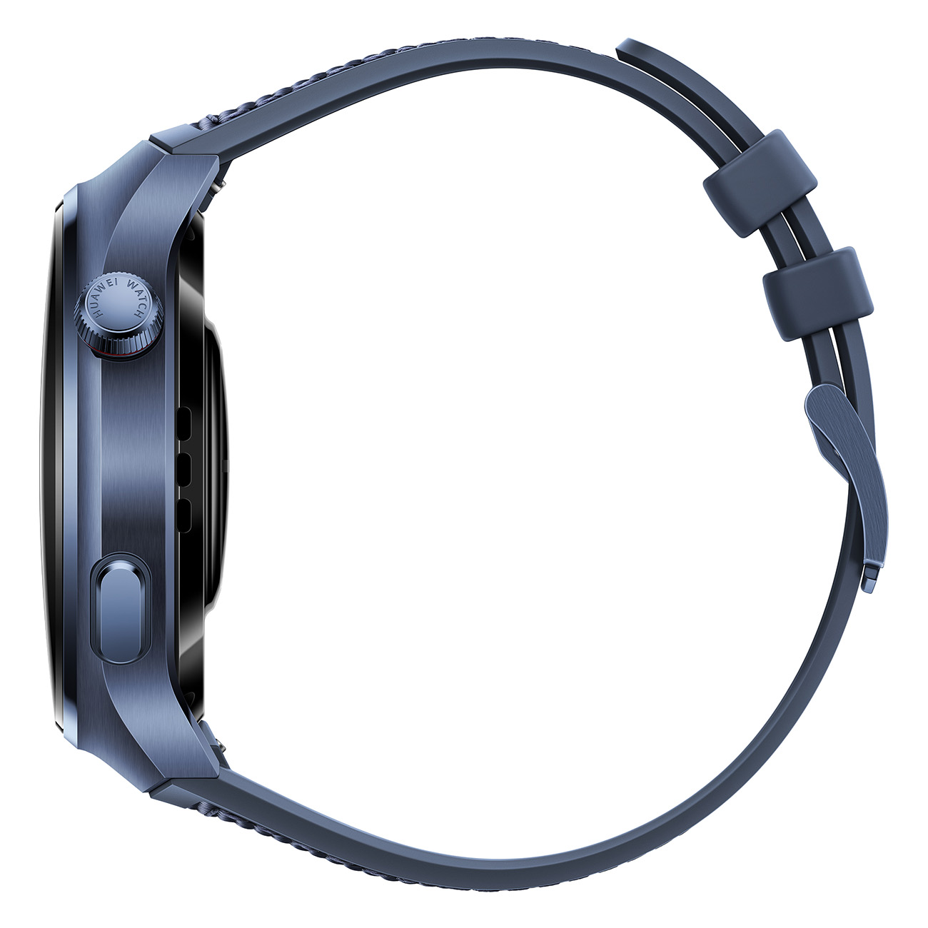Seitenansicht einer blauen Smartwatch mit dunkelblauem Armband.