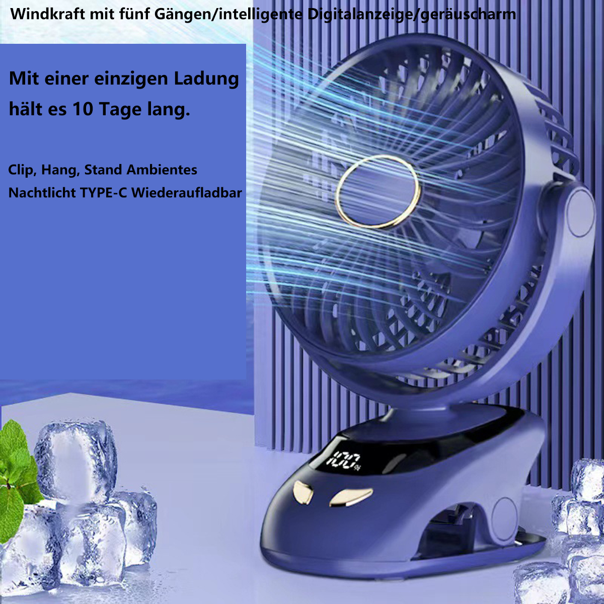 Blauer Ventilator mit Digitalanzeige. Eiswürfel und Minzblätter im Vordergrund.
