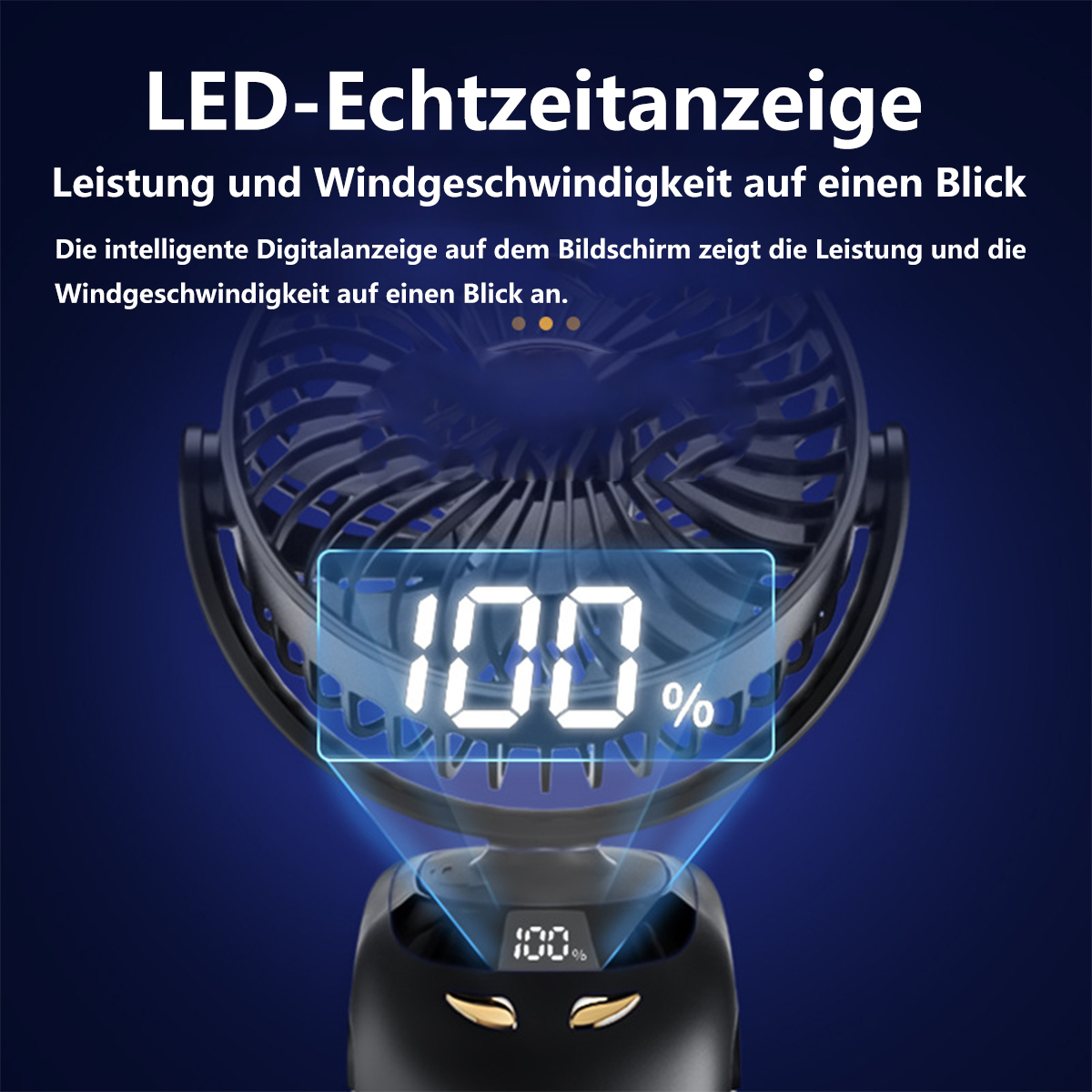 Schwarzer Ventilator mit Digitalanzeige, 100%. Blauer Hintergrund.