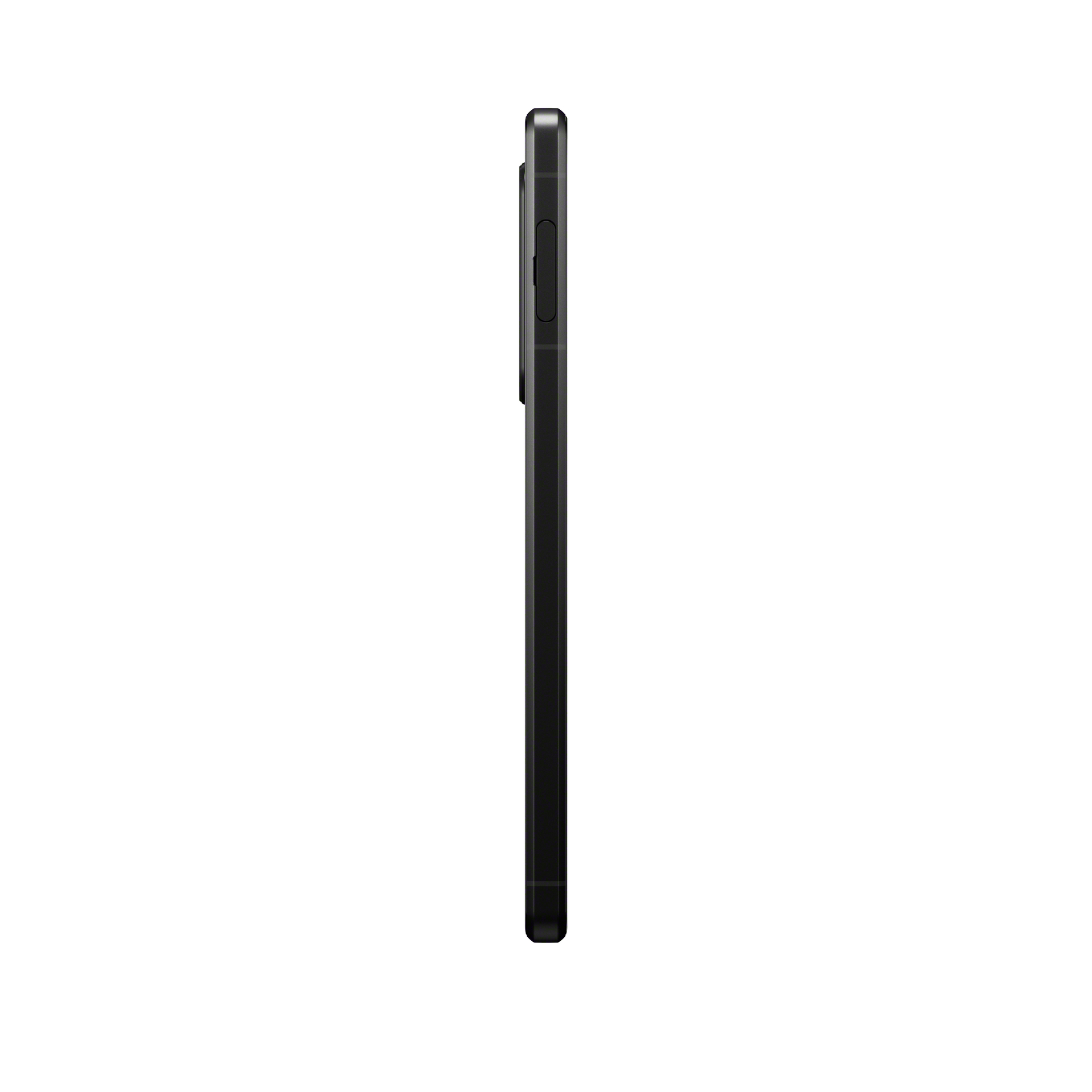 Seitenansicht eines schwarzen Smartphones mit Rahmen, Tasten und Kamerahügel. Der Hintergrund ist weiß.