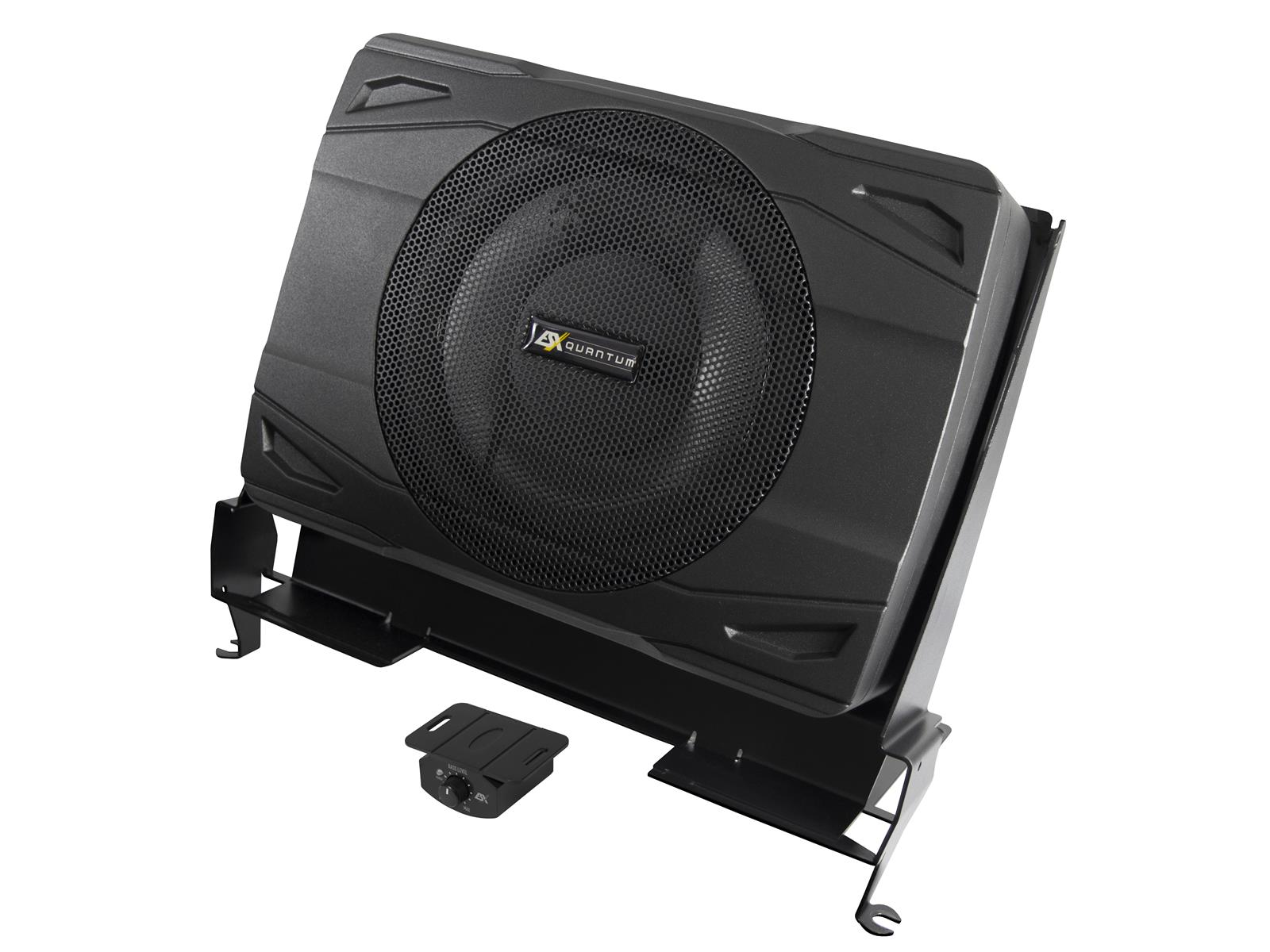 Ein schwarzer Subwoofer in einem schwarzen Gehäuse mit einem schwarzen Bedienfeld.