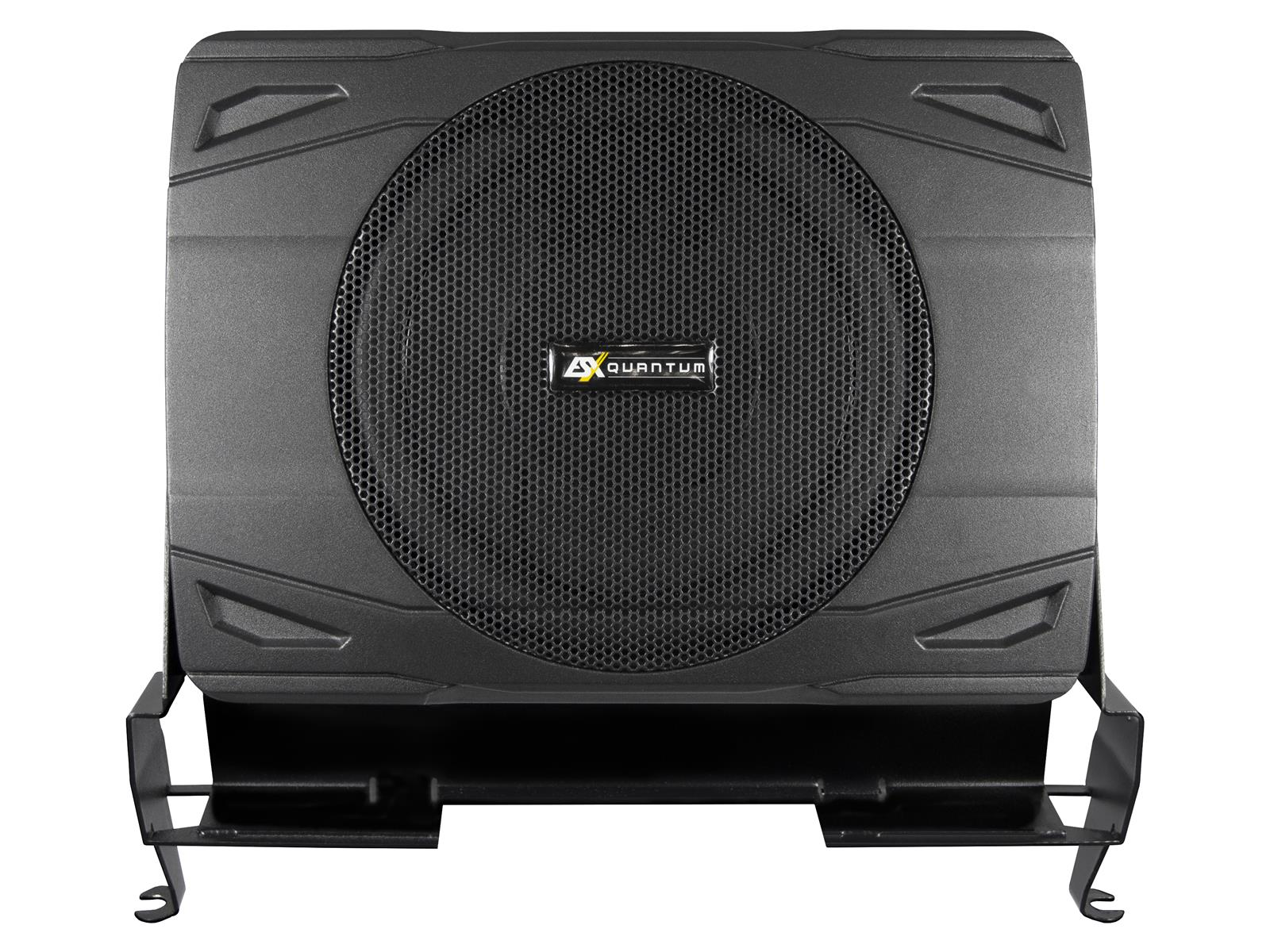 Schwarzer rechteckiger Subwoofer mit Gitterabdeckung auf einem schwarzen Metallständer.