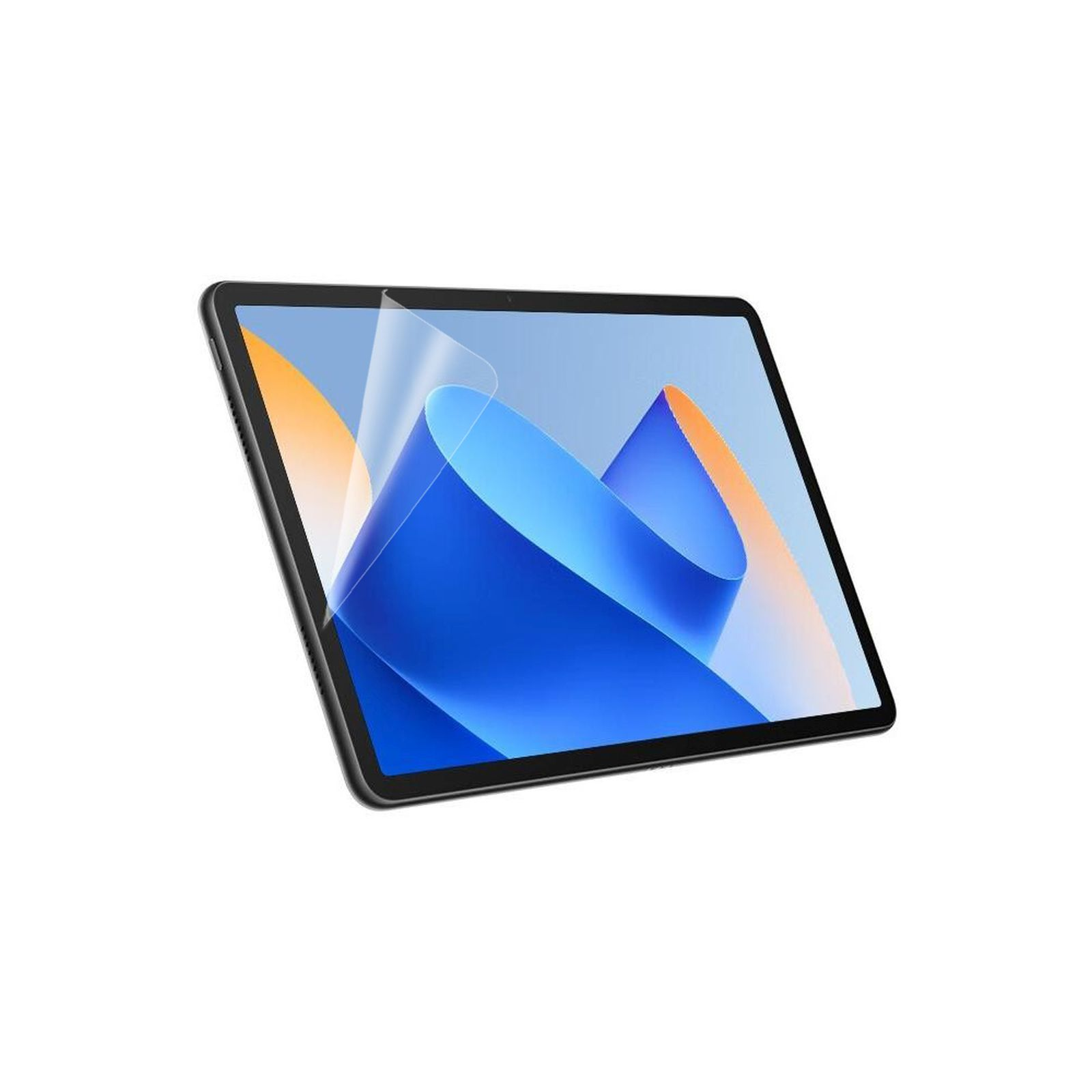 Tablet con cornice nera. Lo schermo mostra un design astratto blu e arancione su sfondo bianco.