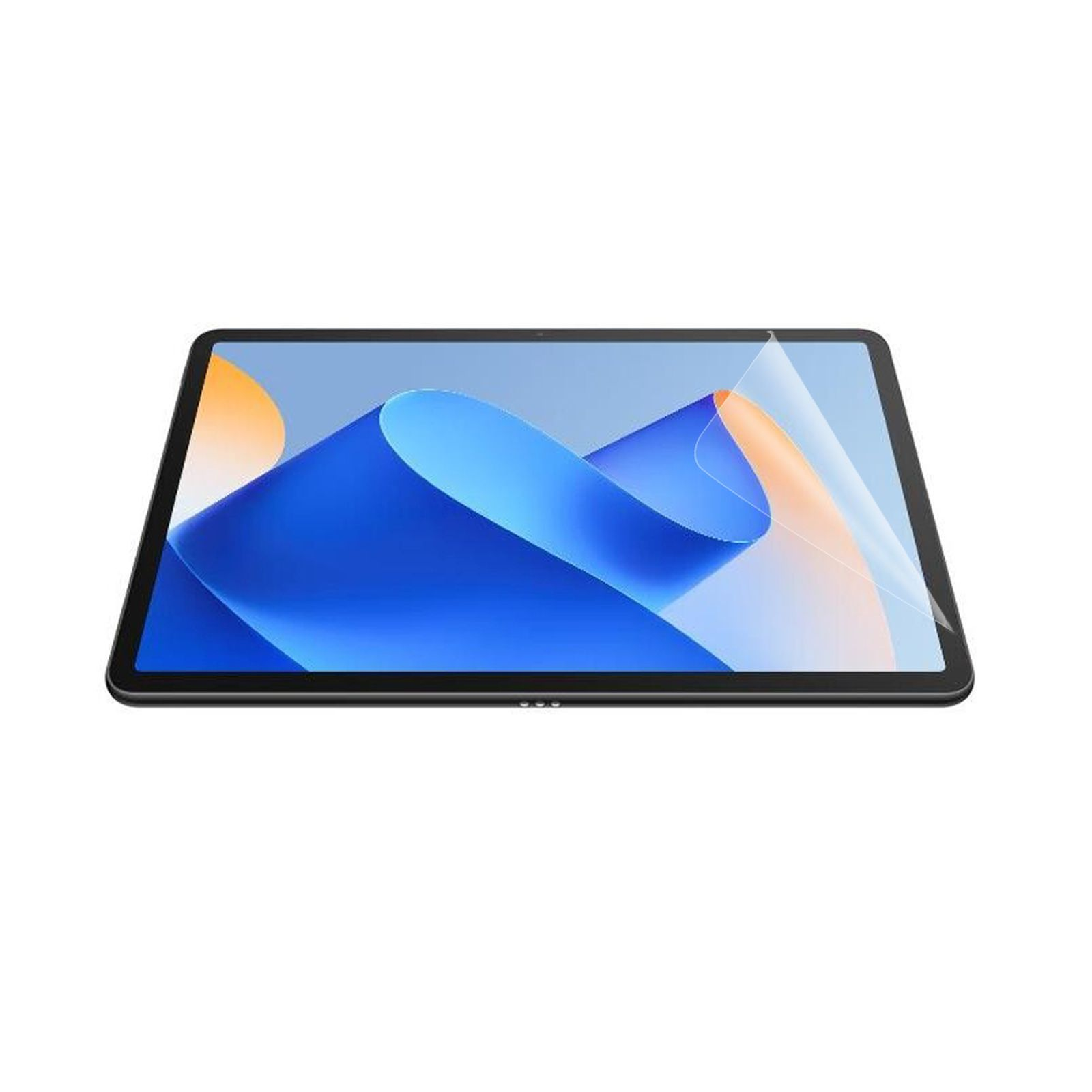 Un tablet con cornice nera, protezione schermo e sfondo astratto blu e arancione.