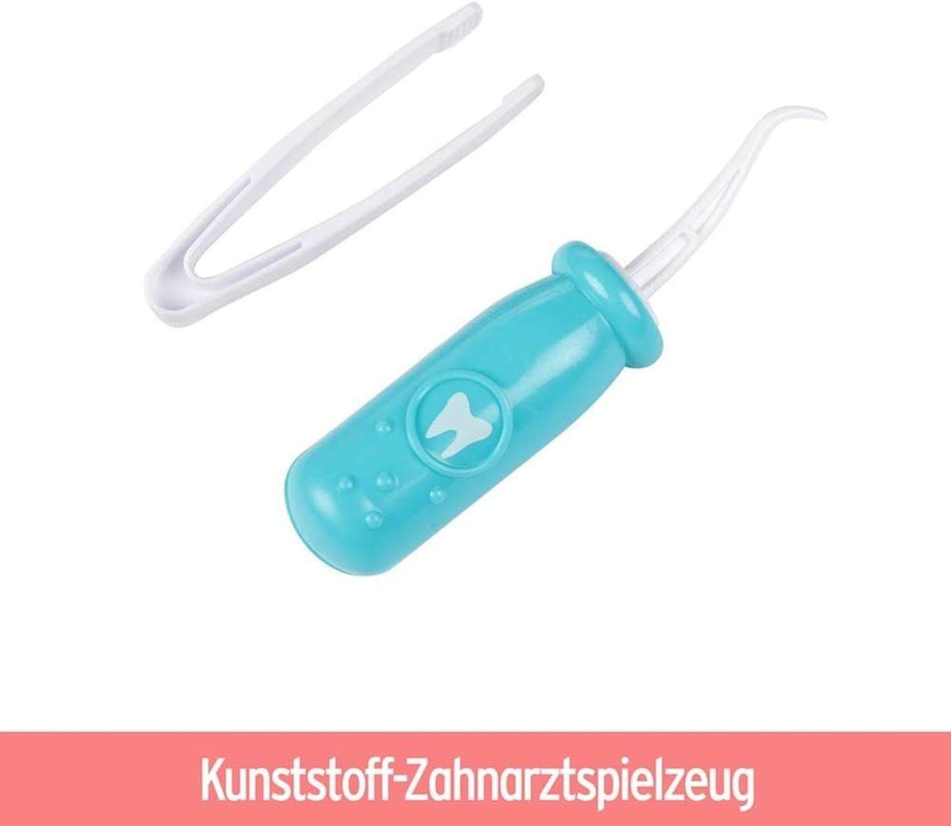 Ein blaues Spielzeug-Zahnarztwerkzeug und eine weiße Pinzette. Der Text darunter lautet 'Kunststoff-Zahnarztspielzeug'.