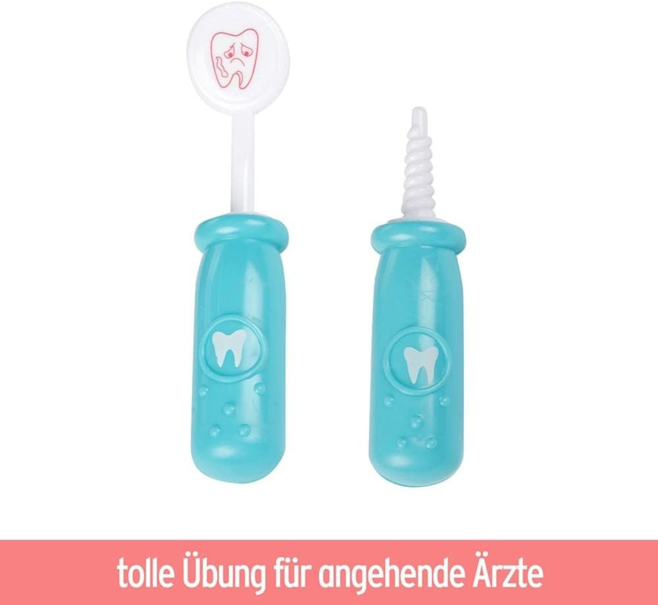 Zwei Zahnarzt-Spielzeugwerkzeuge. Eines hat einen Zahn, das andere einen Bohrer.