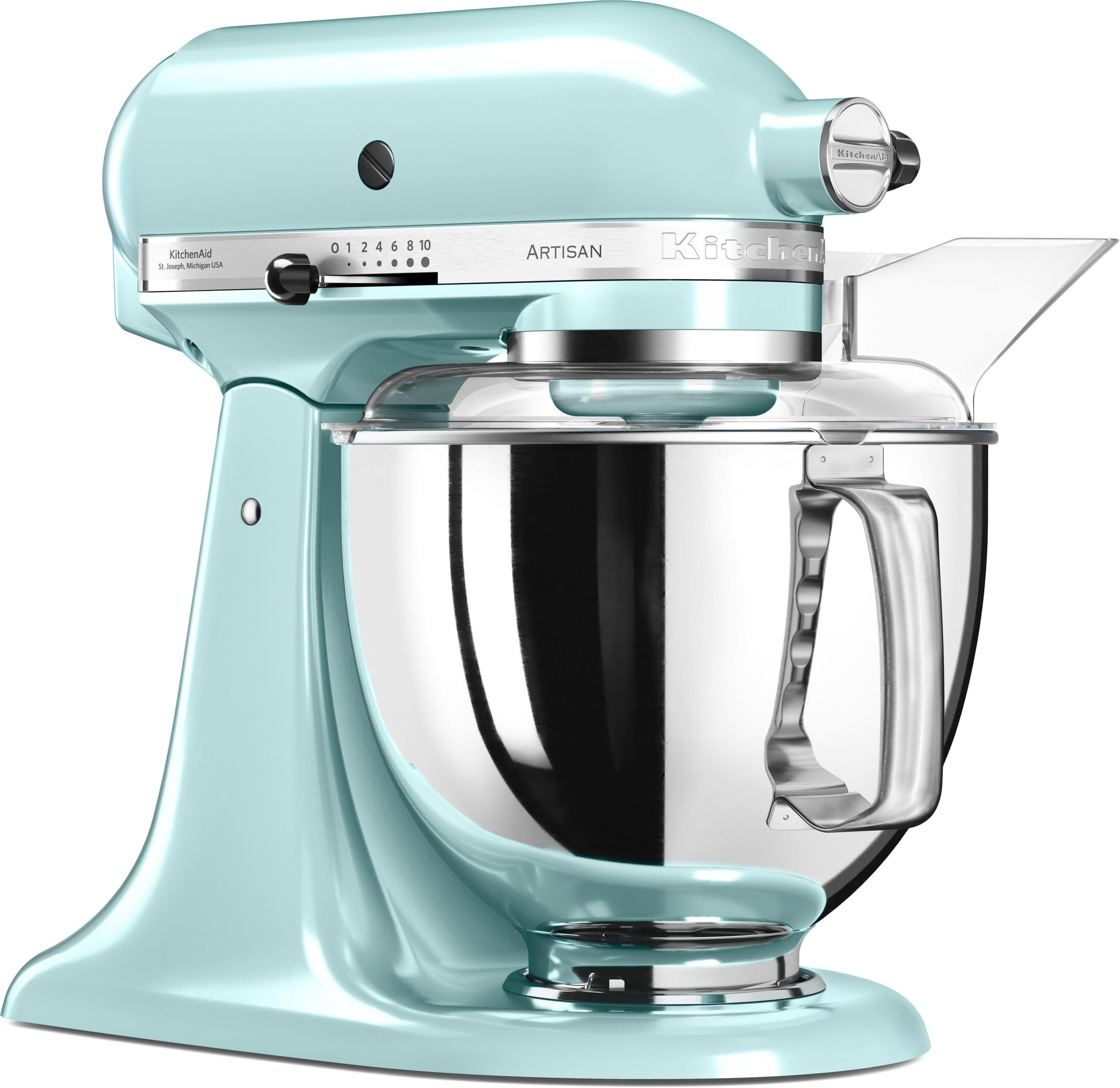 Yan taraftan görülen, açık mavi bir KitchenAid Artisan stand mikseri.
