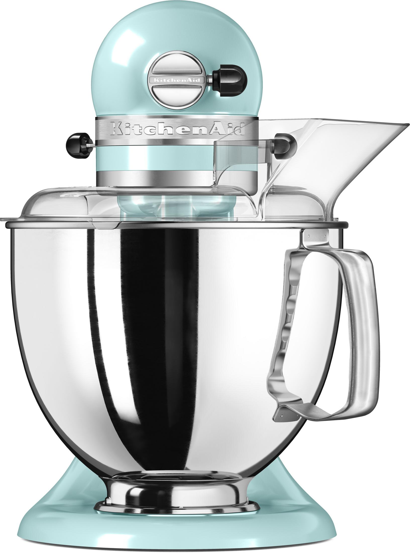 Aksesuar ve paslanmaz çelik bir karıştırma kabı ile açık mavi bir KitchenAid stand mikseri.